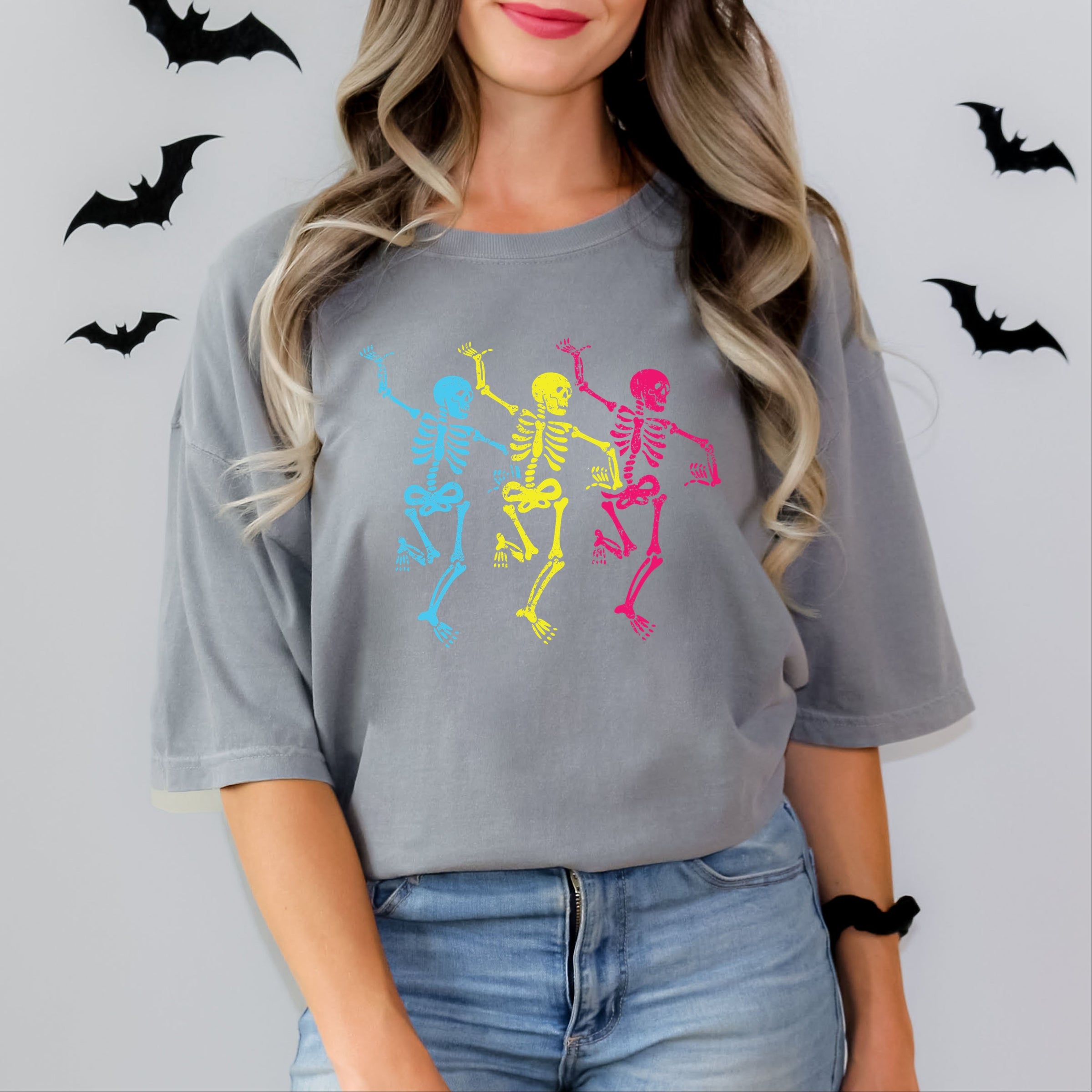 Three Skeletons Dancing Neon - Women's Garment Dyed Graphic T-Shirt