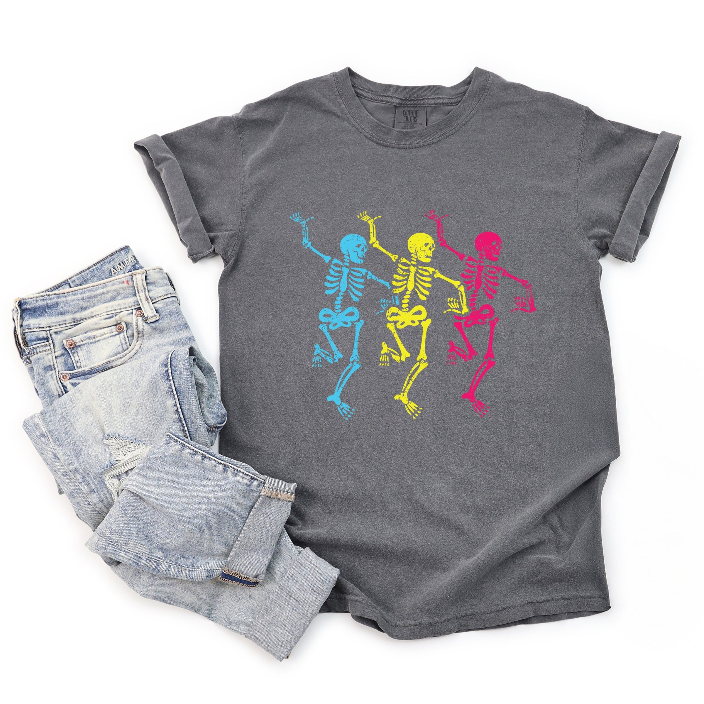 Three Skeletons Dancing Neon - Women's Garment Dyed Graphic T-Shirt