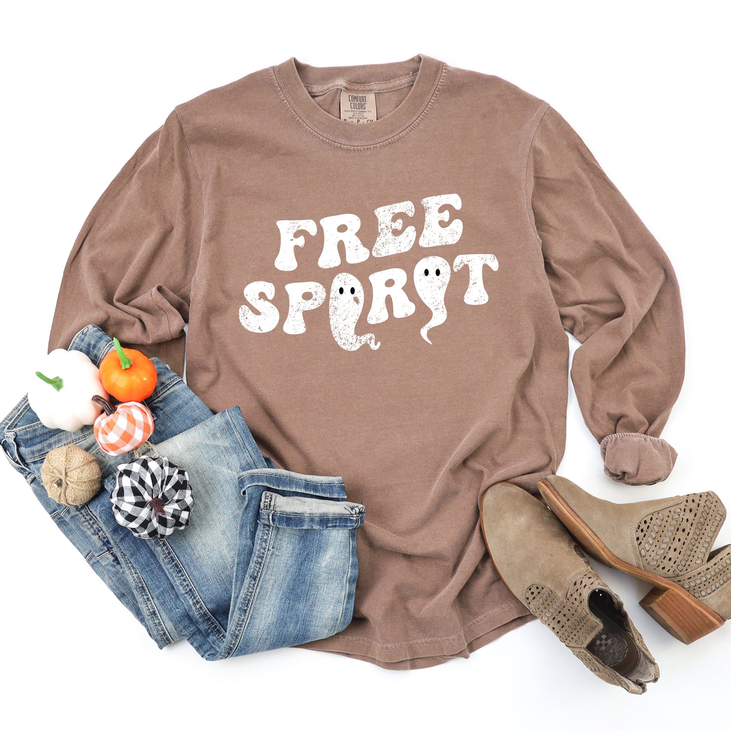 Free Spirit Ghost Distressed - Women's Garment Dyed Long Sleeve Graphic T-Shirt