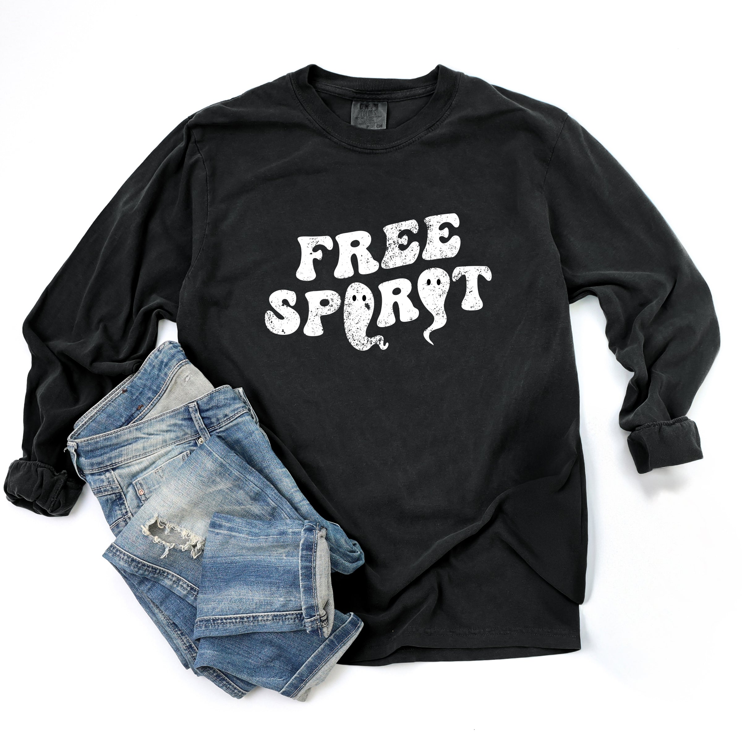 Free Spirit Ghost Distressed - Women's Garment Dyed Long Sleeve Graphic T-Shirt