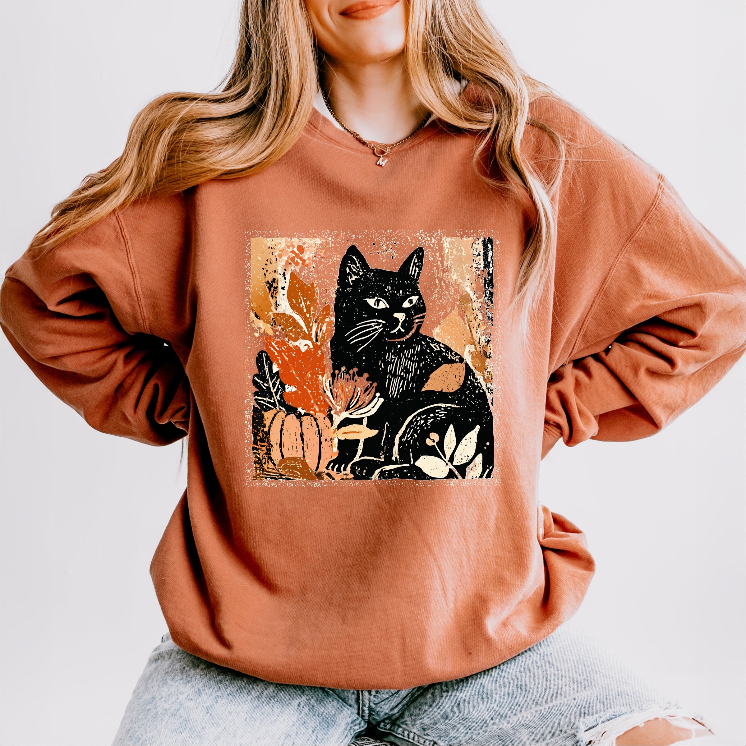 Black Cat Fall Leaves Distressed - Women's Lightweight Garment Dyed Sweatshirt