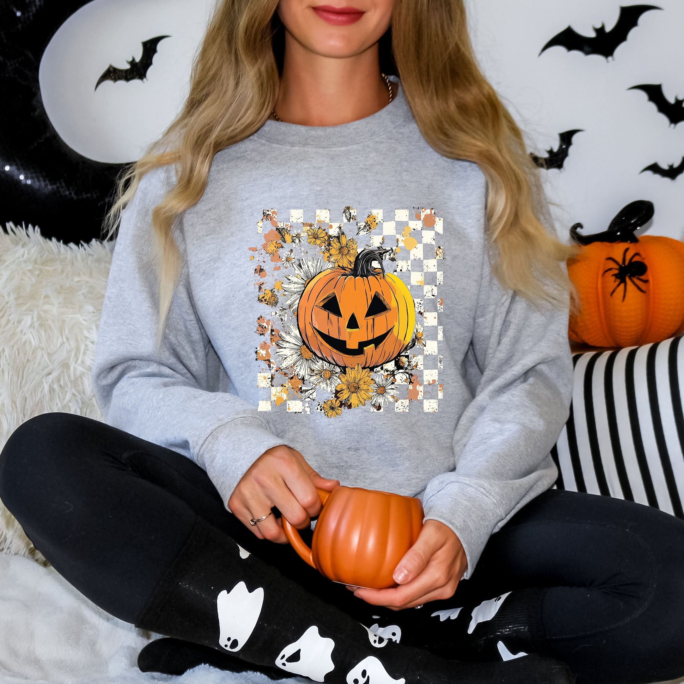 Carved Pumpkin Checkered Floral - Womens Sweatshirt