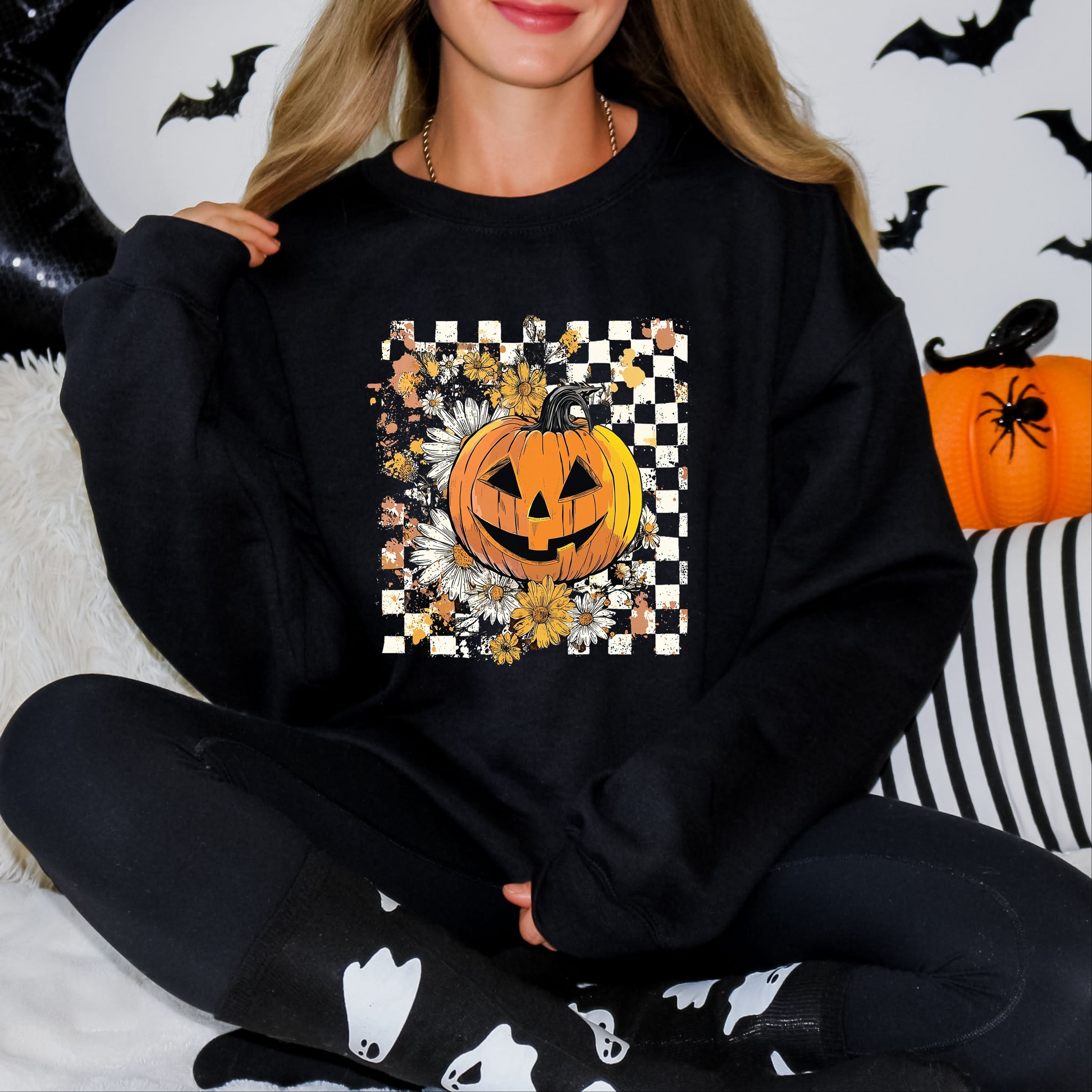 Carved Pumpkin Checkered Floral - Womens Sweatshirt