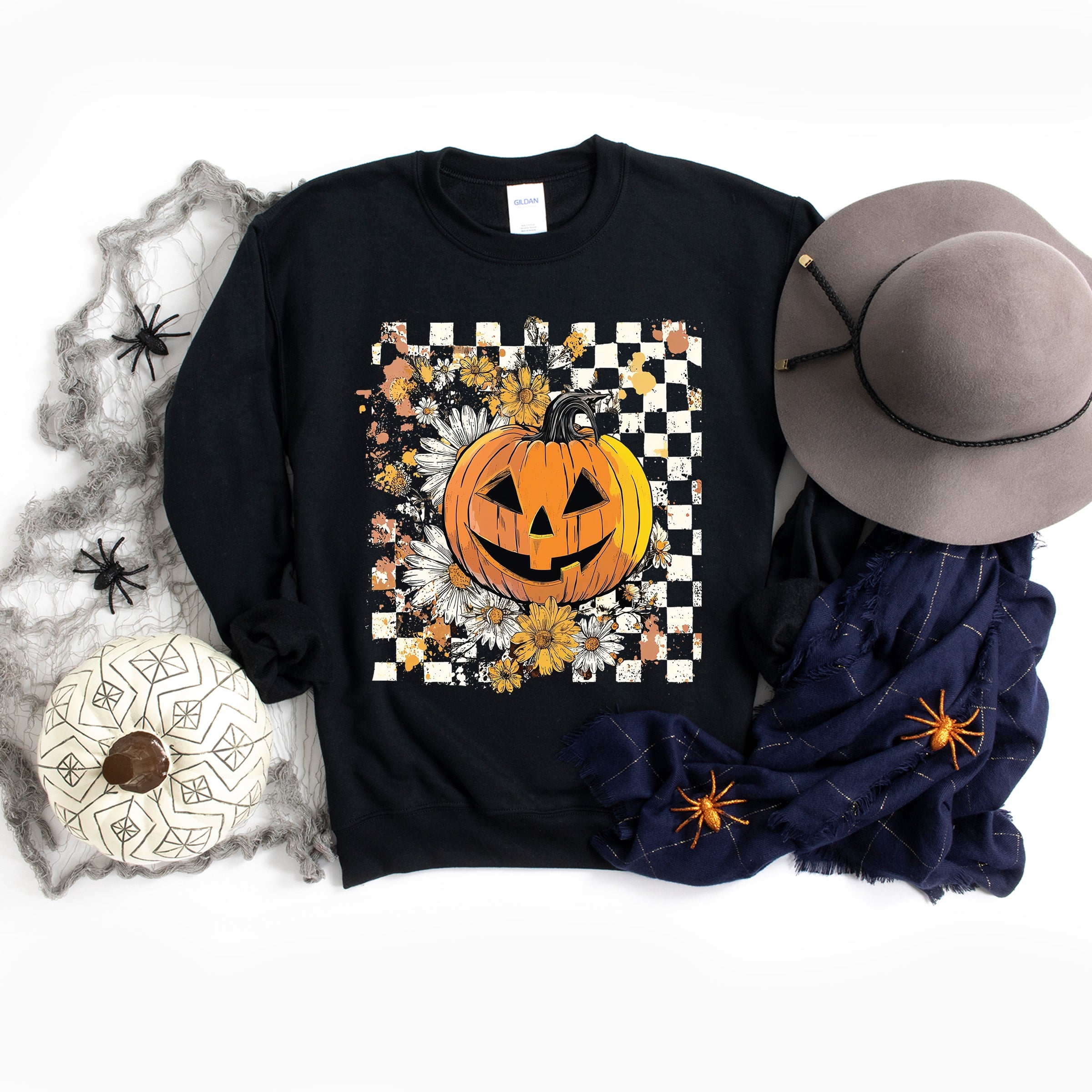 Carved Pumpkin Checkered Floral - Womens Sweatshirt