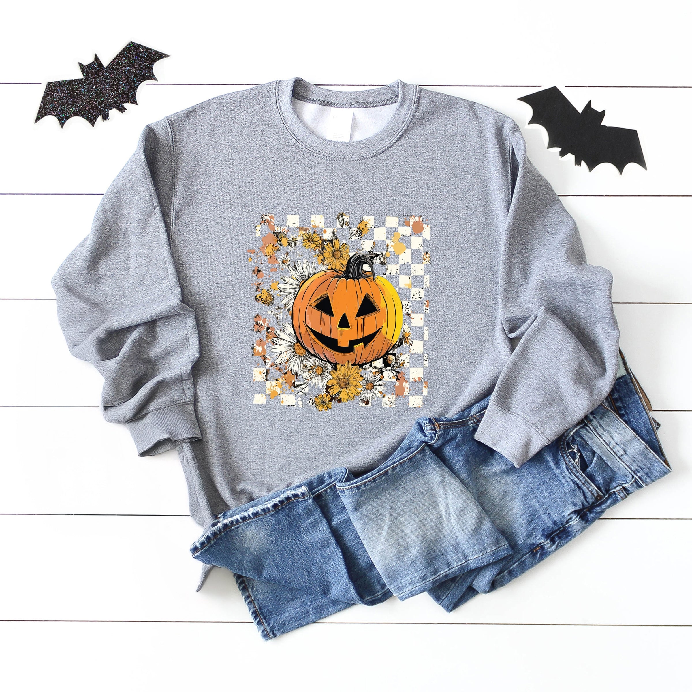 Carved Pumpkin Checkered Floral - Womens Sweatshirt