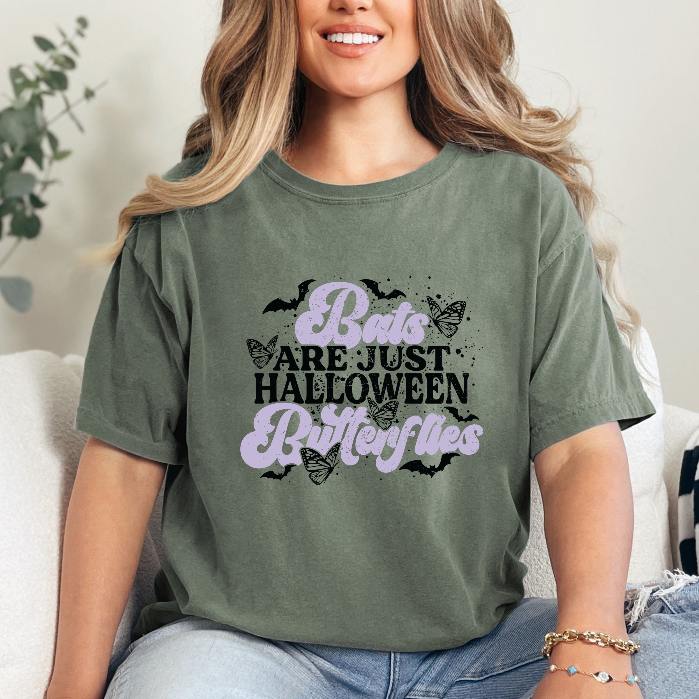 Bats Are Just Halloween Butterflies - Womens Garment Dyed Tee
