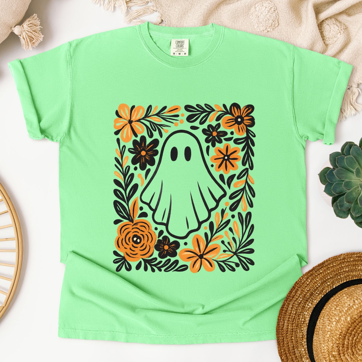 Ghost Floral Orange - Womens Garment Dyed Tee