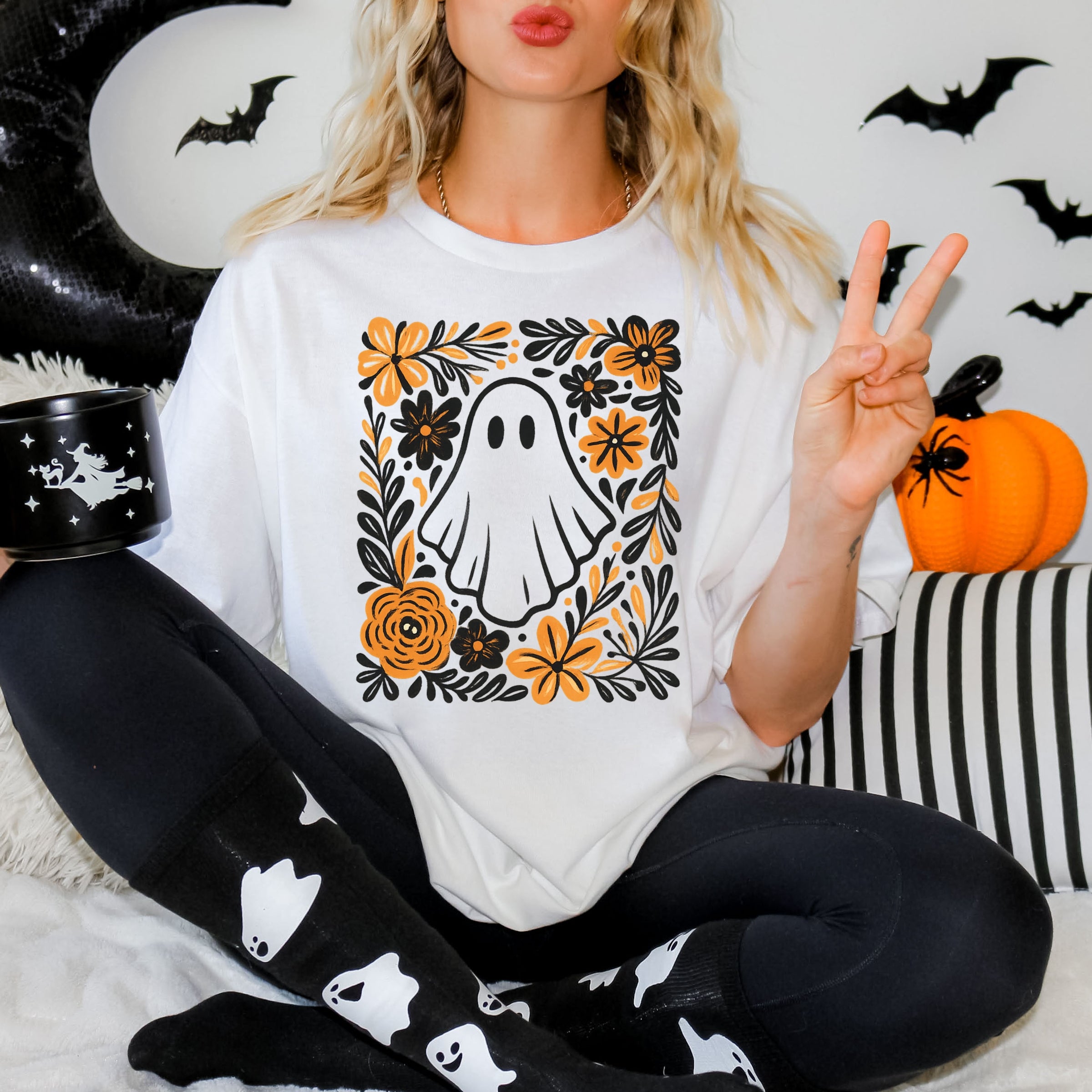 Ghost Floral Orange - Womens Garment Dyed Tee