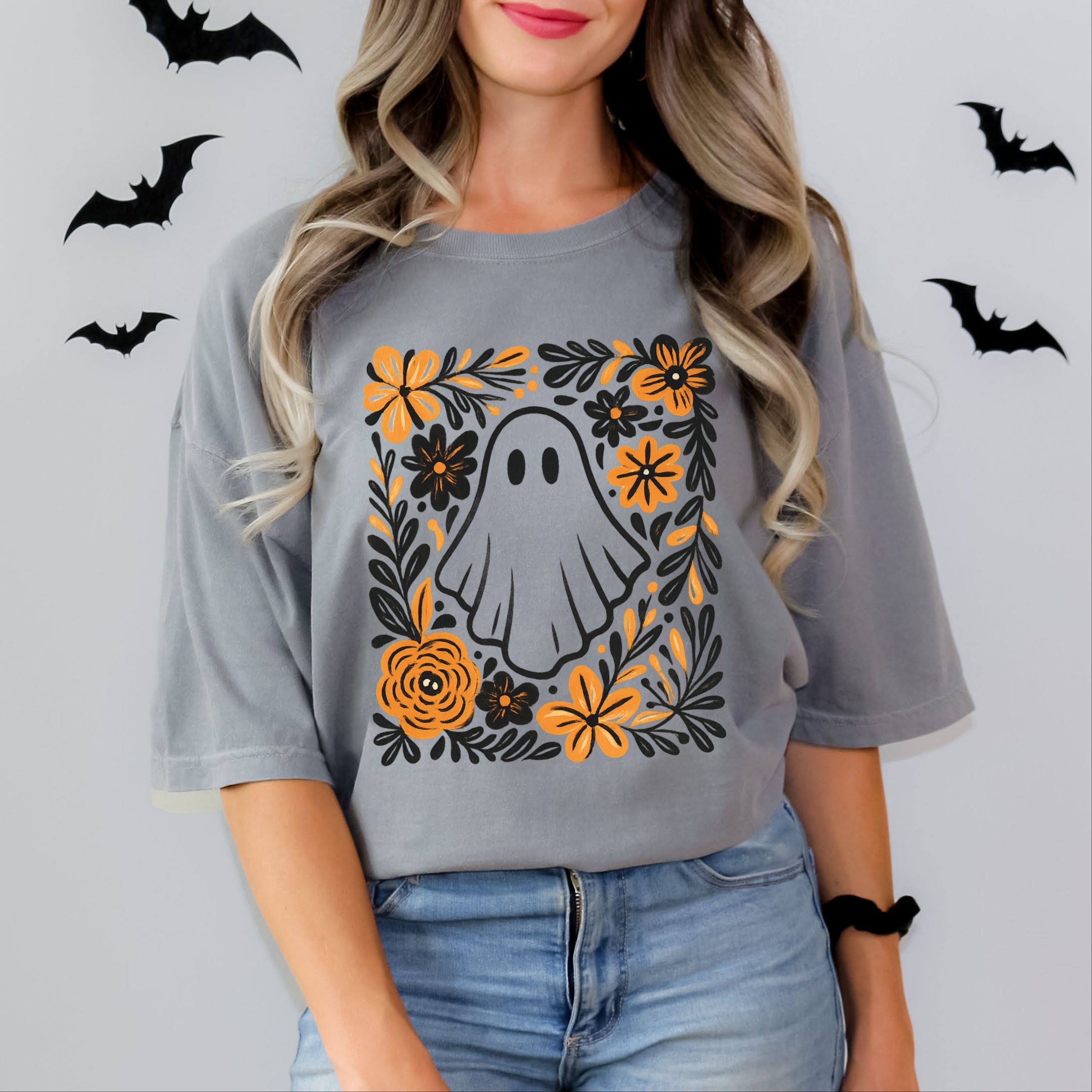 Ghost Floral Orange - Womens Garment Dyed Tee