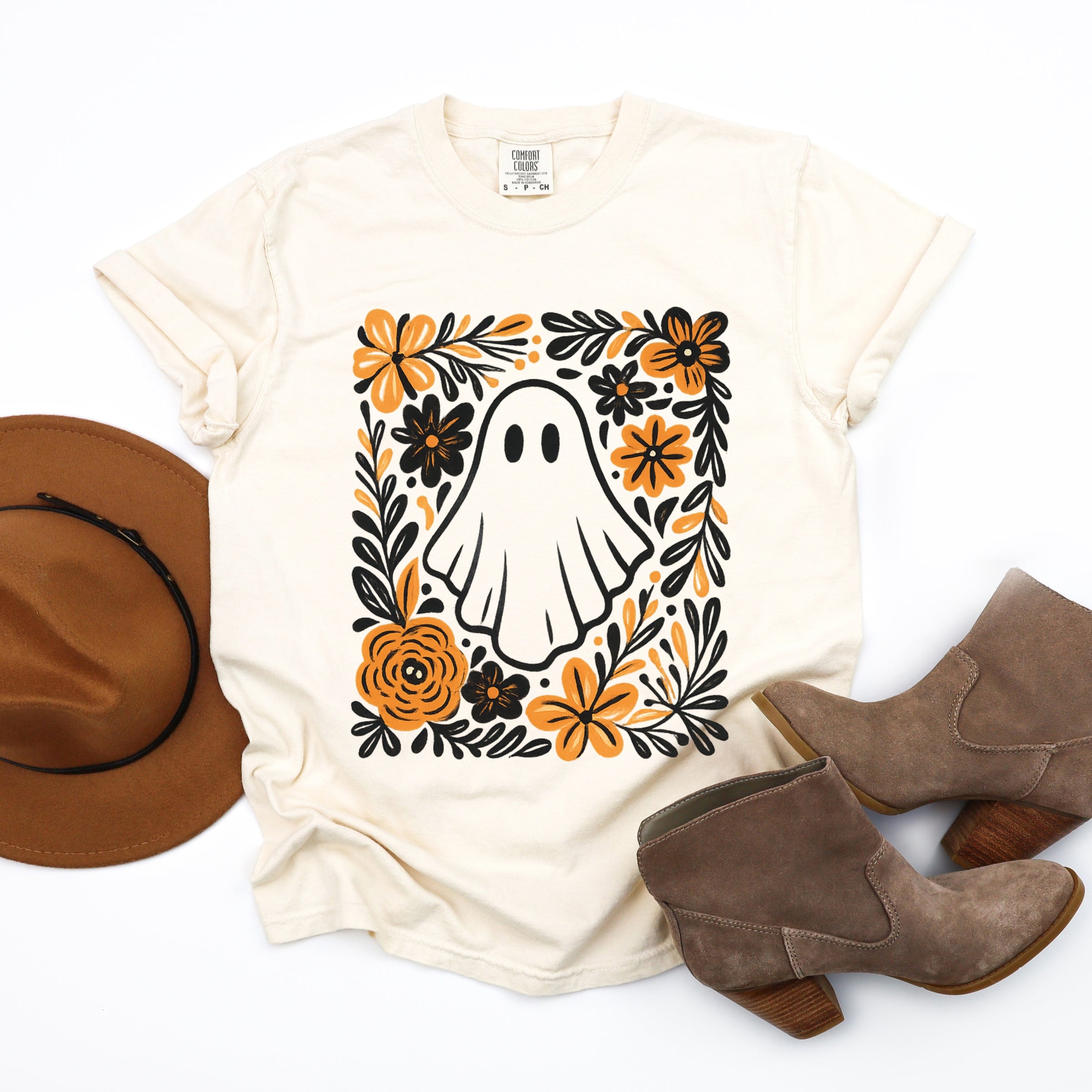 Ghost Floral Orange - Womens Garment Dyed Tee