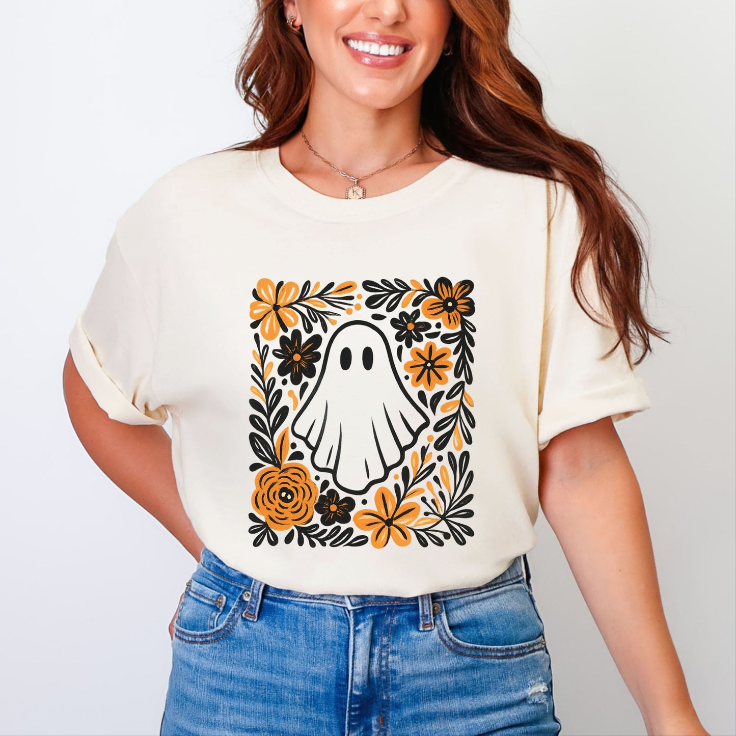 Ghost Floral Orange - Womens Garment Dyed Tee
