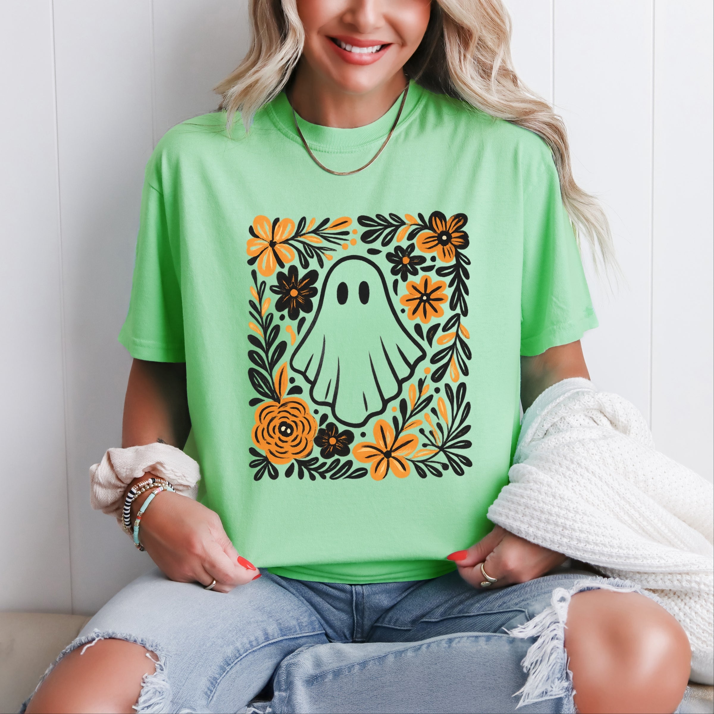 Ghost Floral Orange - Womens Garment Dyed Tee