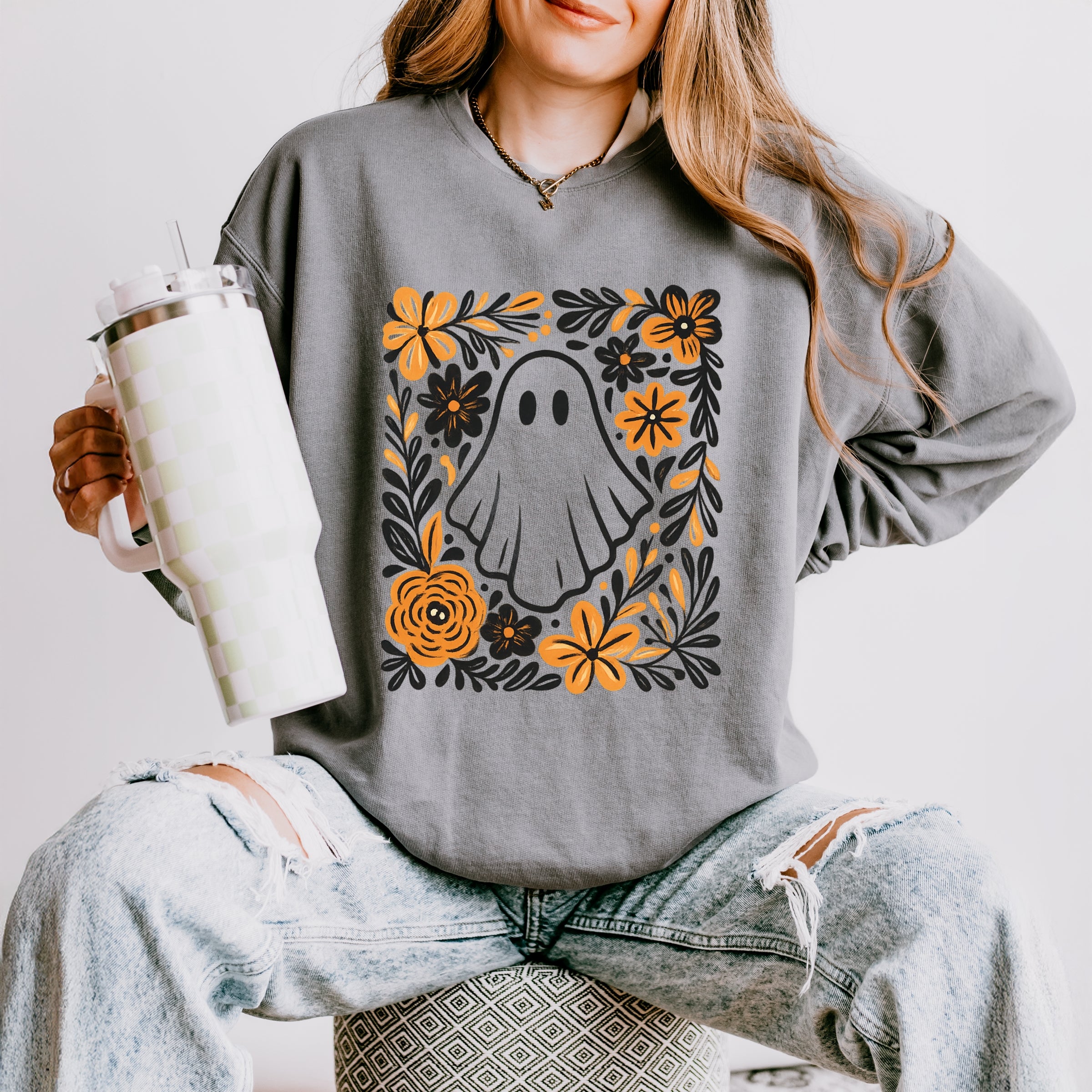 Ghost Floral Orange - Womens Lightweight Garment Dyed Sweatshirt