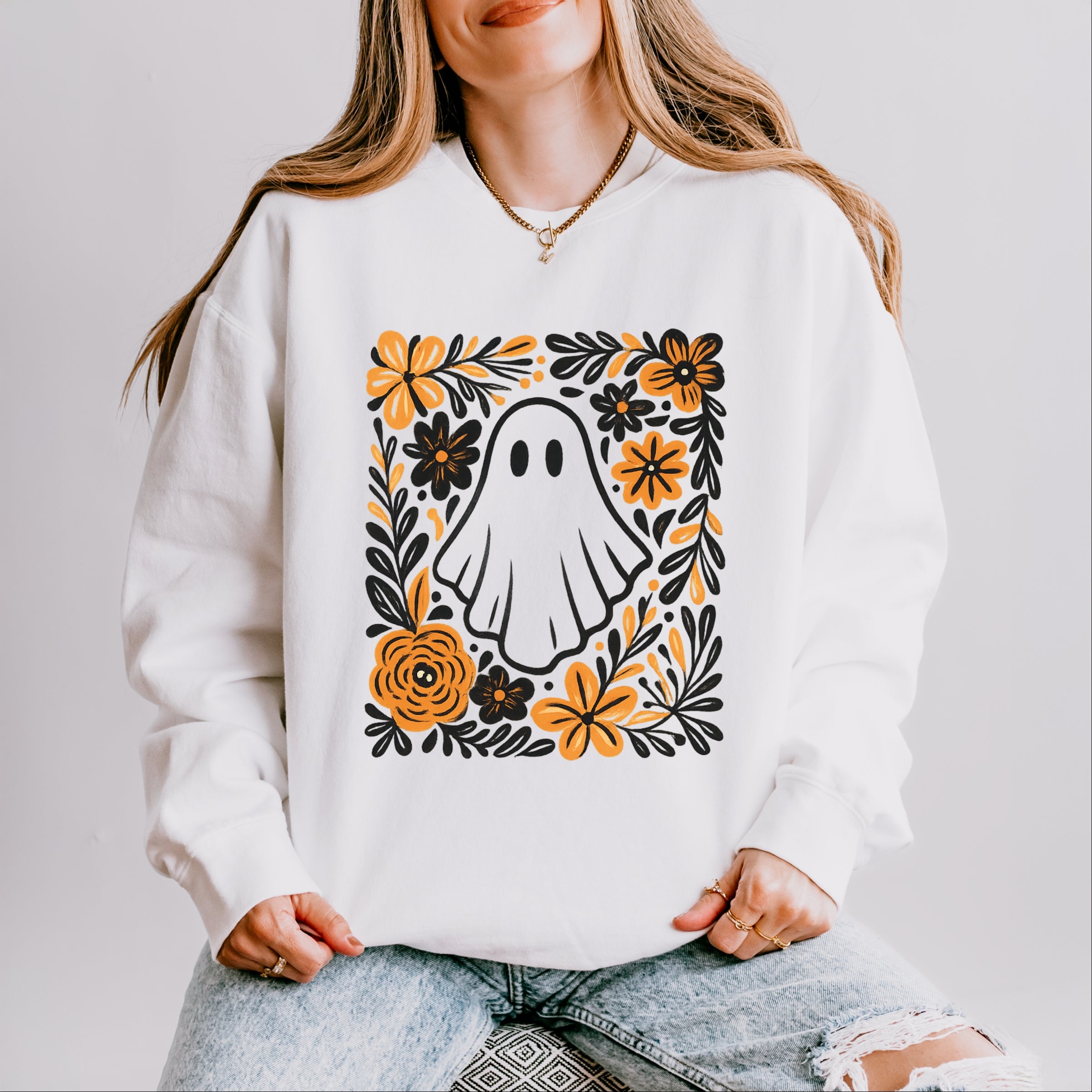 Ghost Floral Orange - Women's Lightweight Garment Dyed Sweatshirt