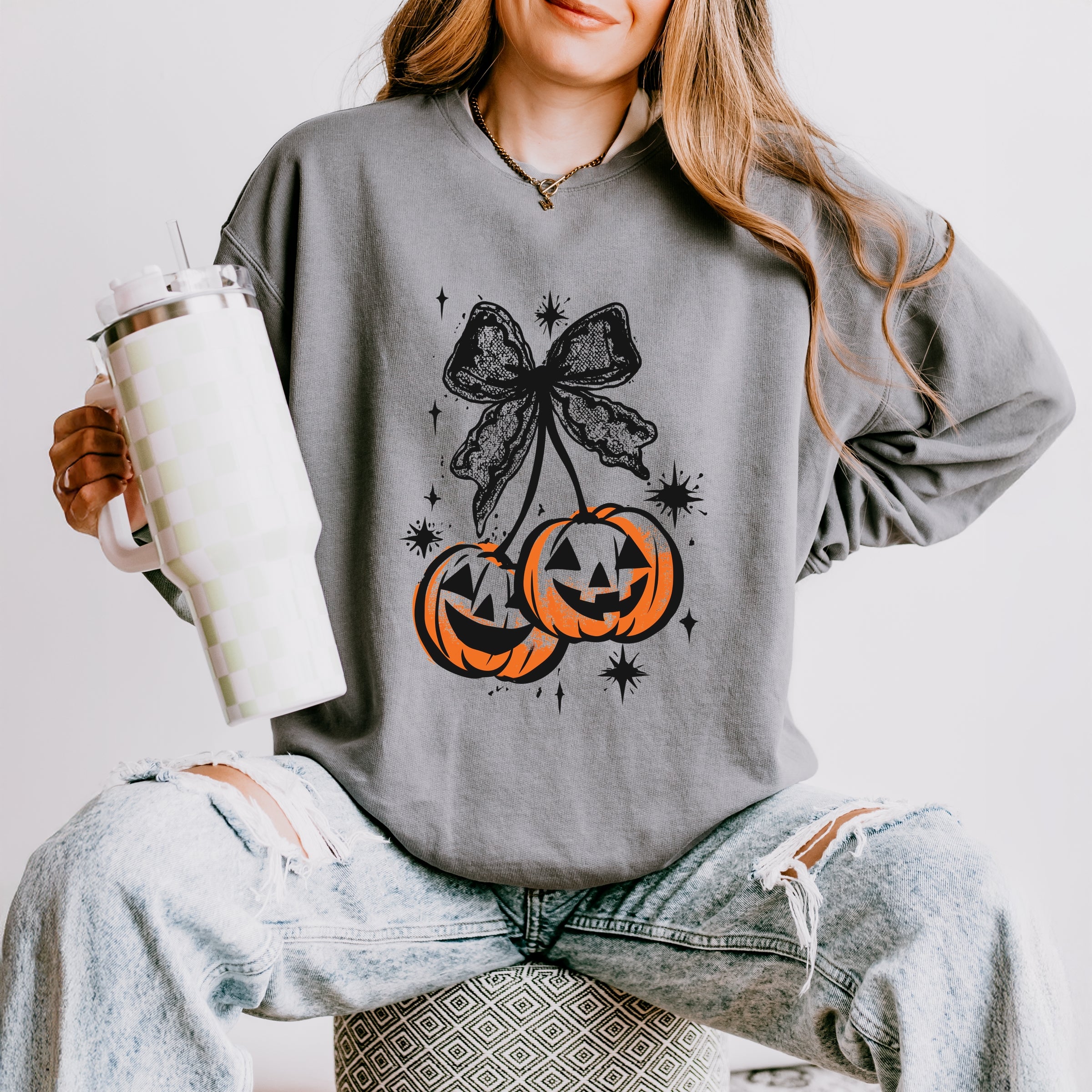 Coquette Pumpkin Cherries - Womens Lightweight Garment Dyed Sweatshirt