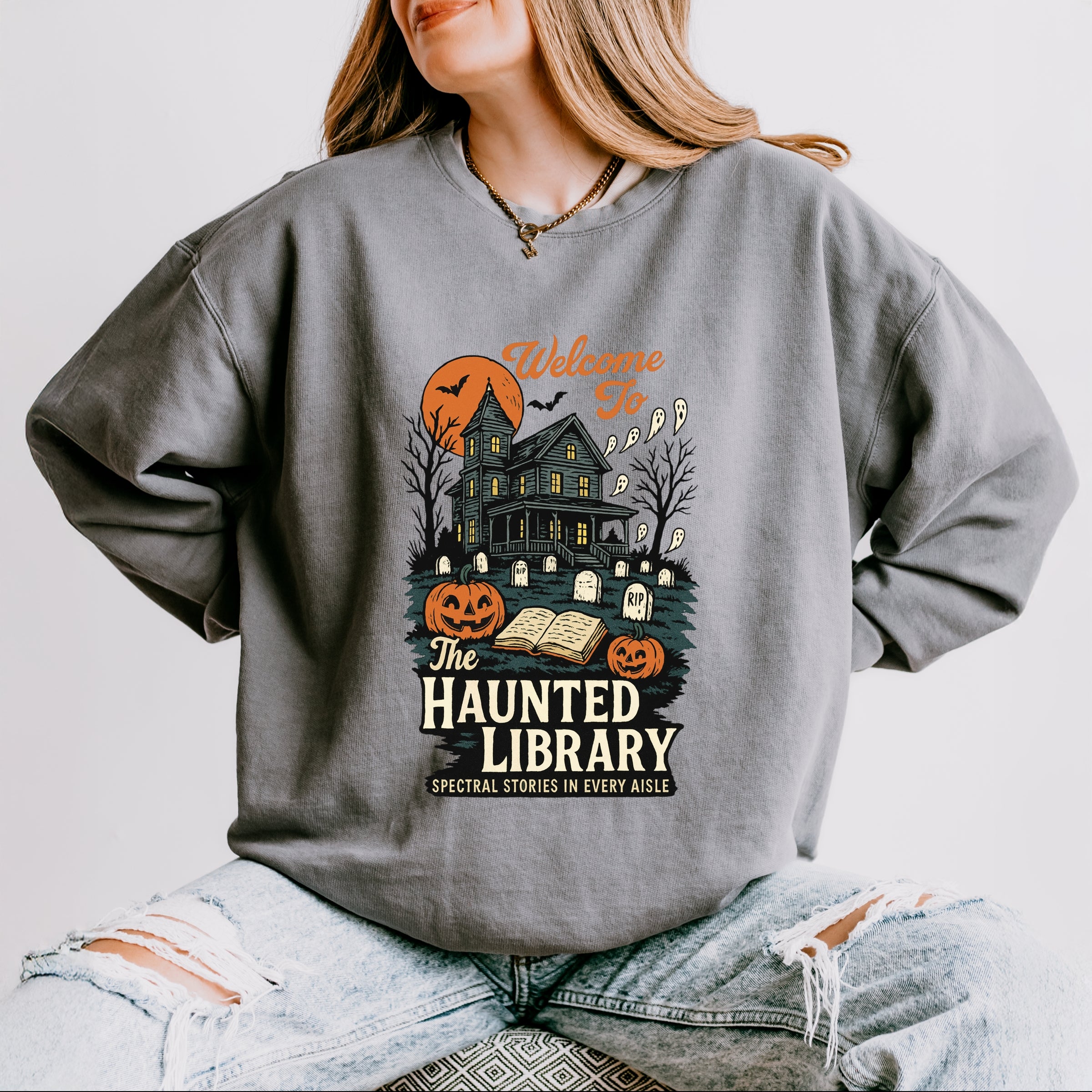 The Haunted Library - Womens Lightweight Garment Dyed Sweatshirt