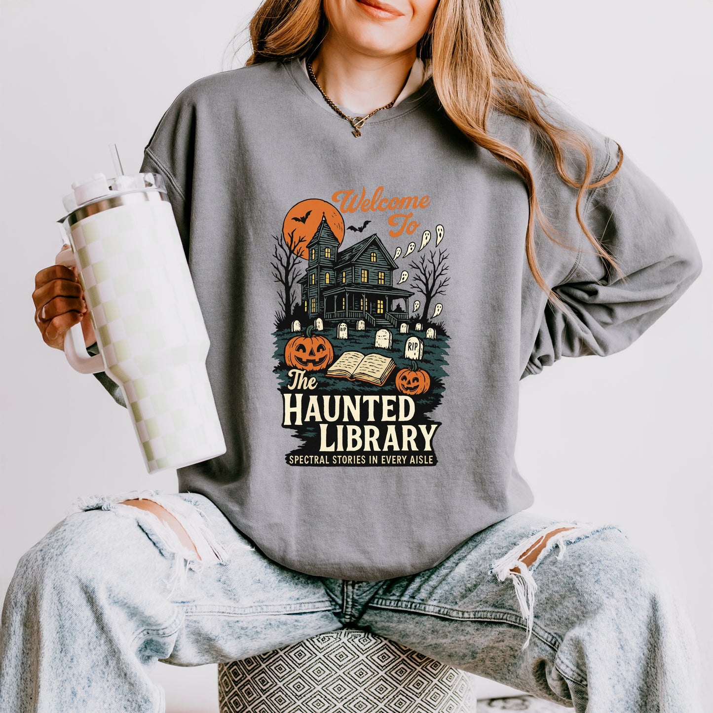 The Haunted Library - Womens Lightweight Garment Dyed Sweatshirt