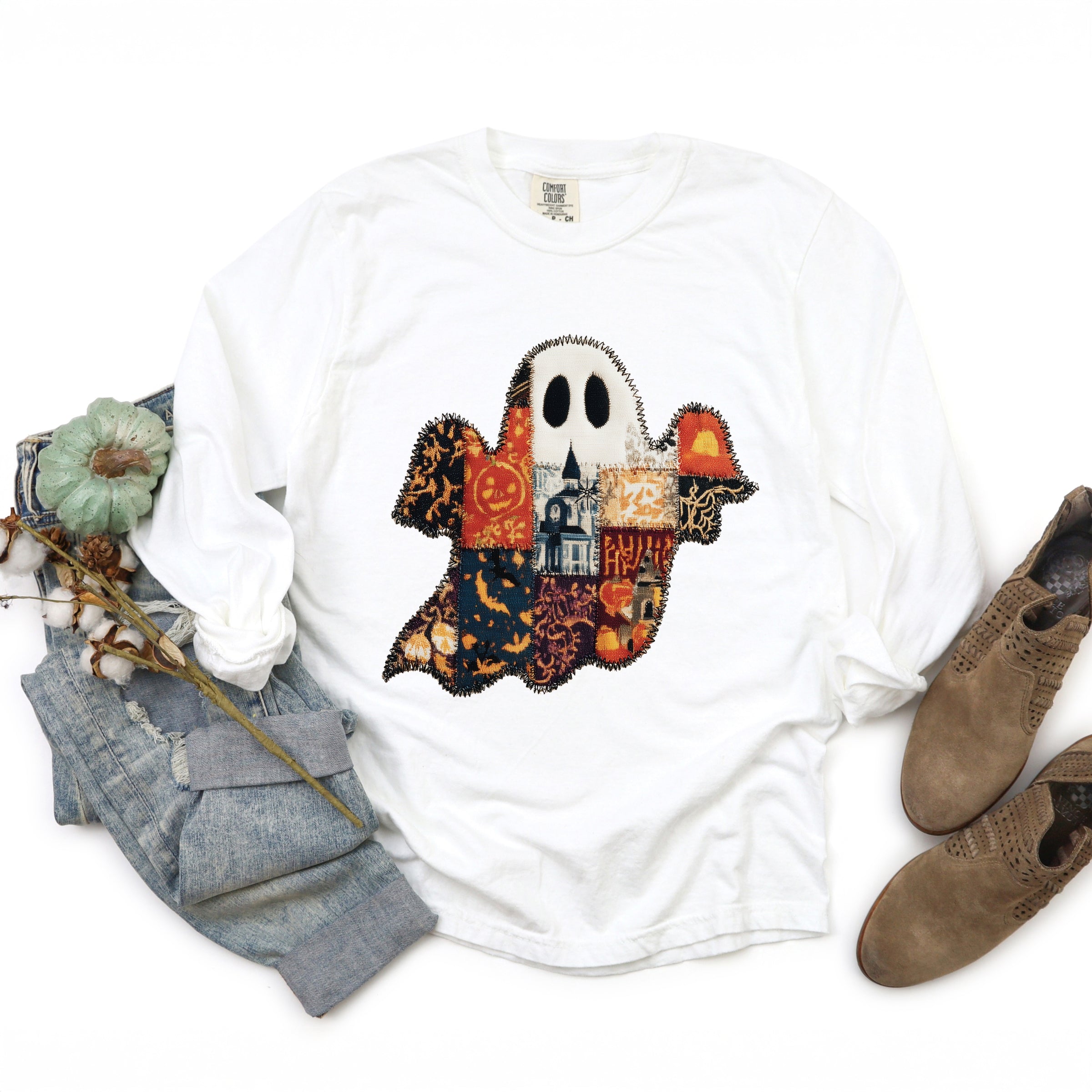 Patchwork Ghost Printed - Womens Garment Dyed Long Sleeve
