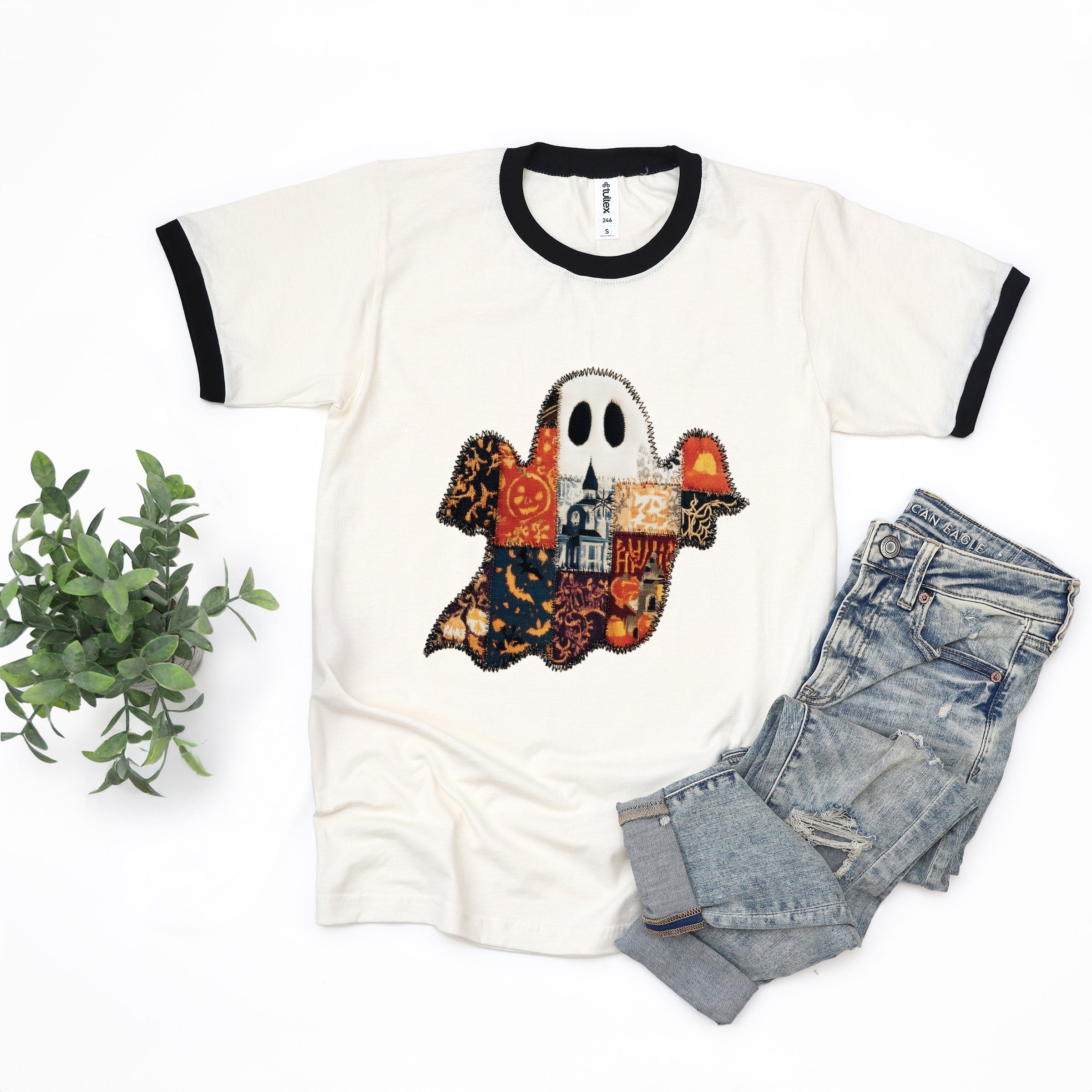 Patchwork Ghost Printed - Womens Ringer Tee
