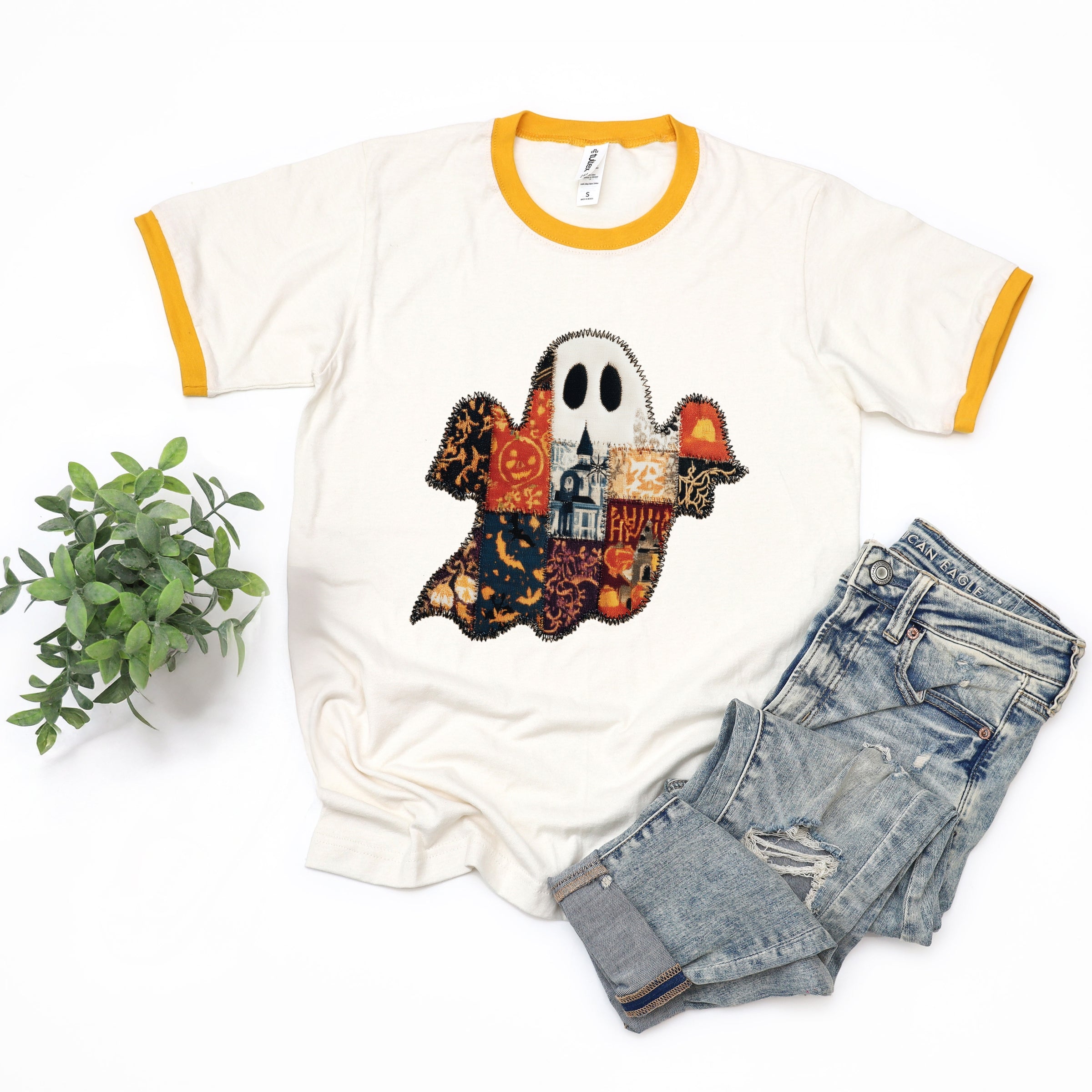 Patchwork Ghost Printed - Womens Ringer Tee