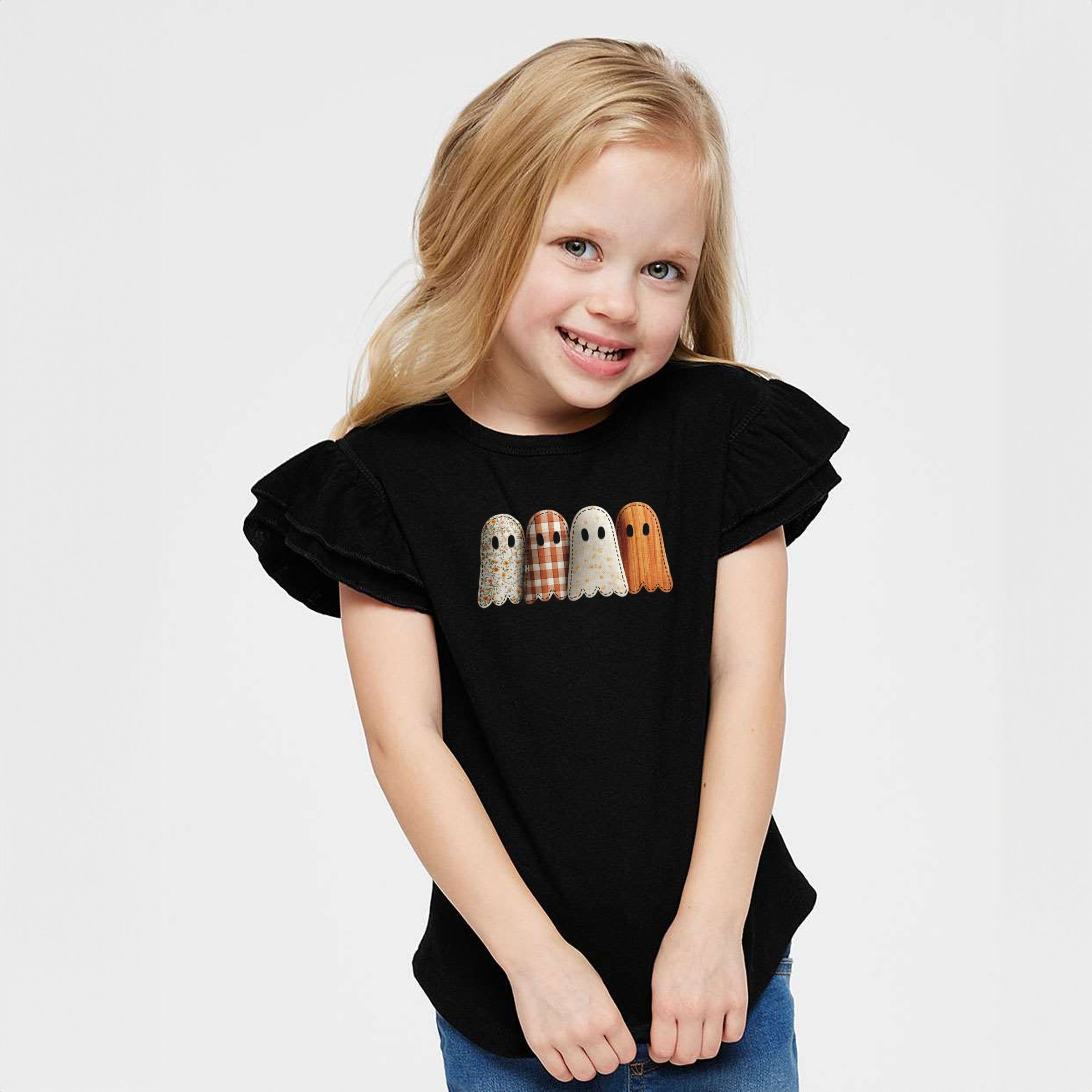 Four Ghosts Shadow Quilted Printed - Flutter Sleeve Graphic T-Shirt