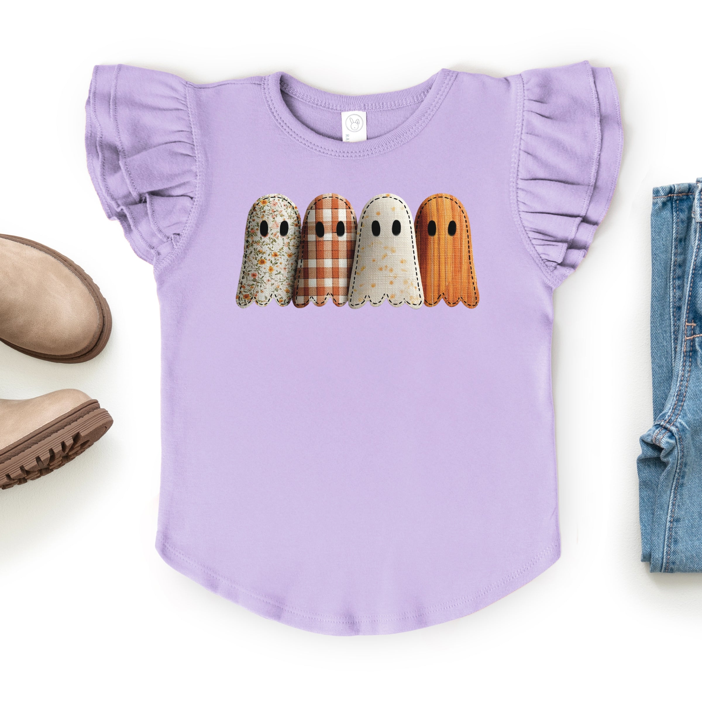 Four Ghosts Shadow Quilted Printed - Flutter Sleeve Graphic T-Shirt