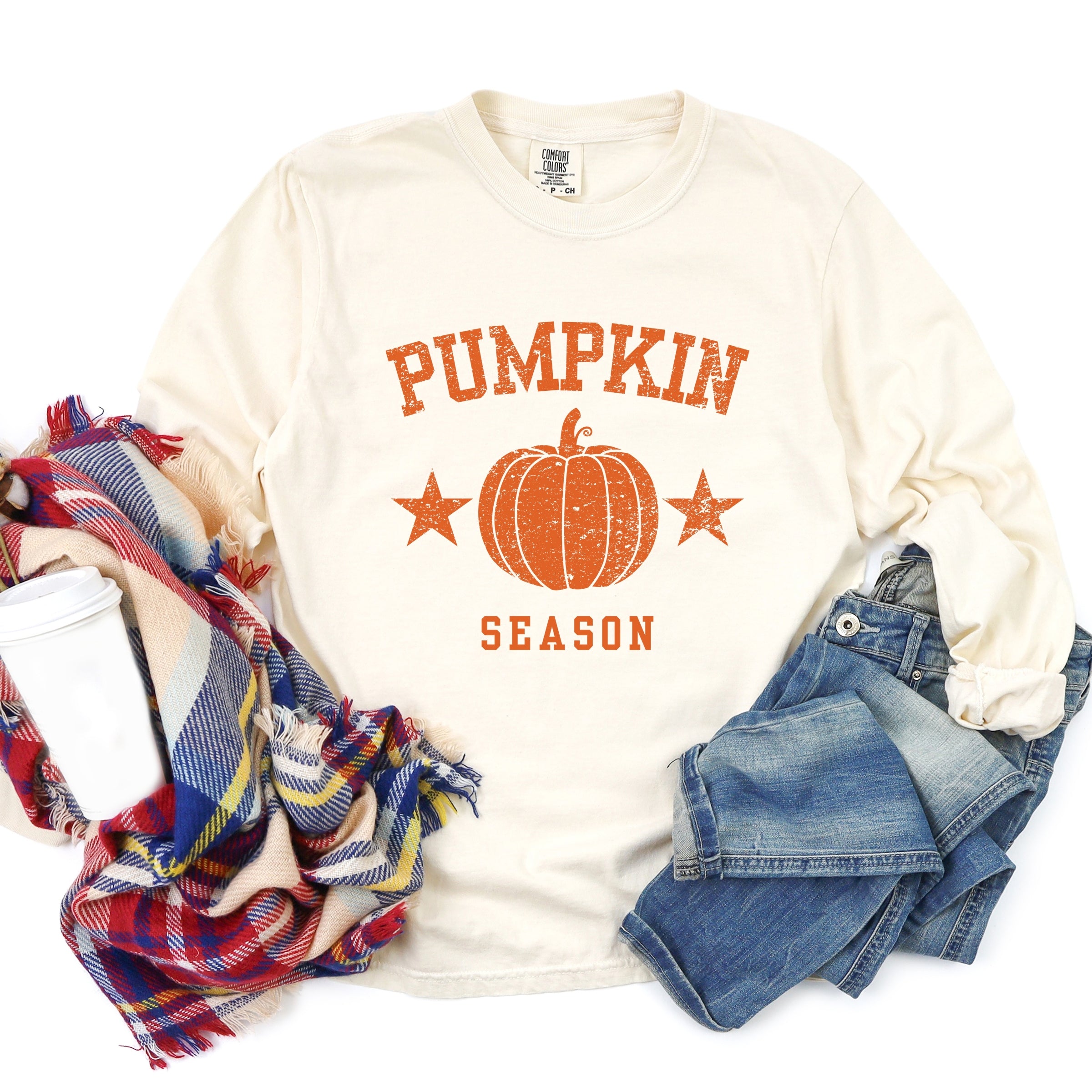 Pumpkin Season Star Distressed - Womens Garment Dyed Long Sleeve