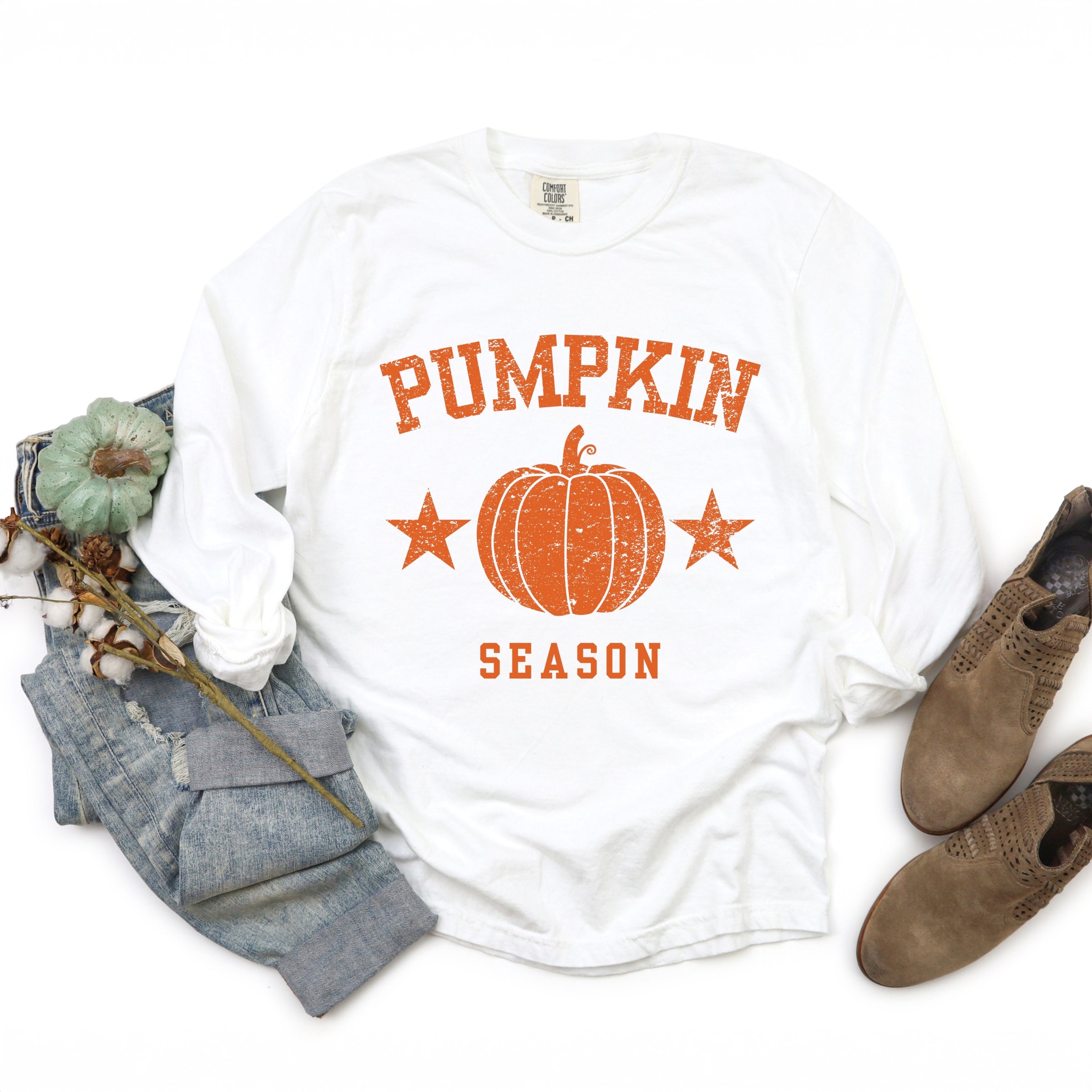 Pumpkin Season Star Distressed - Womens Garment Dyed Long Sleeve