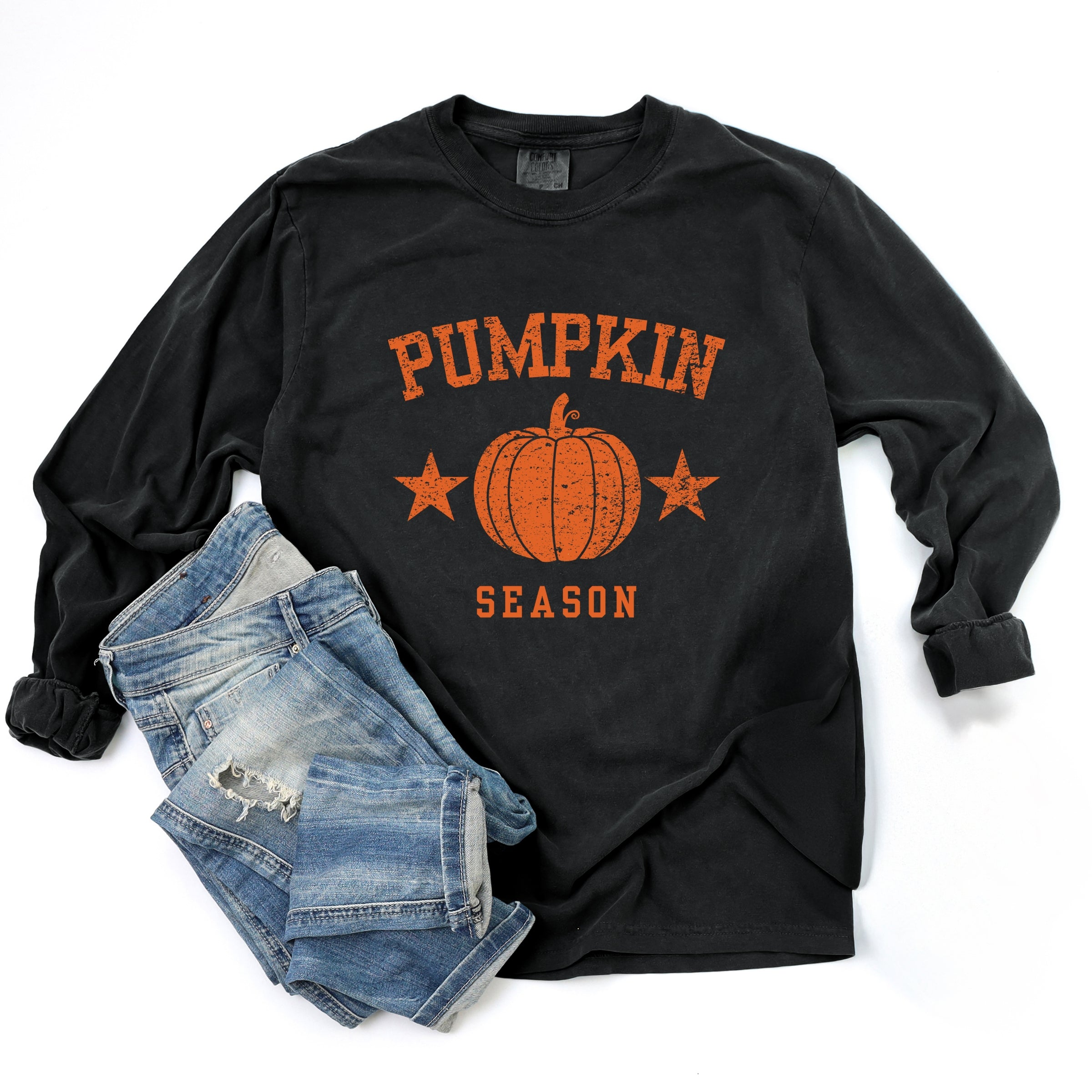 Pumpkin Season Star Distressed - Womens Garment Dyed Long Sleeve