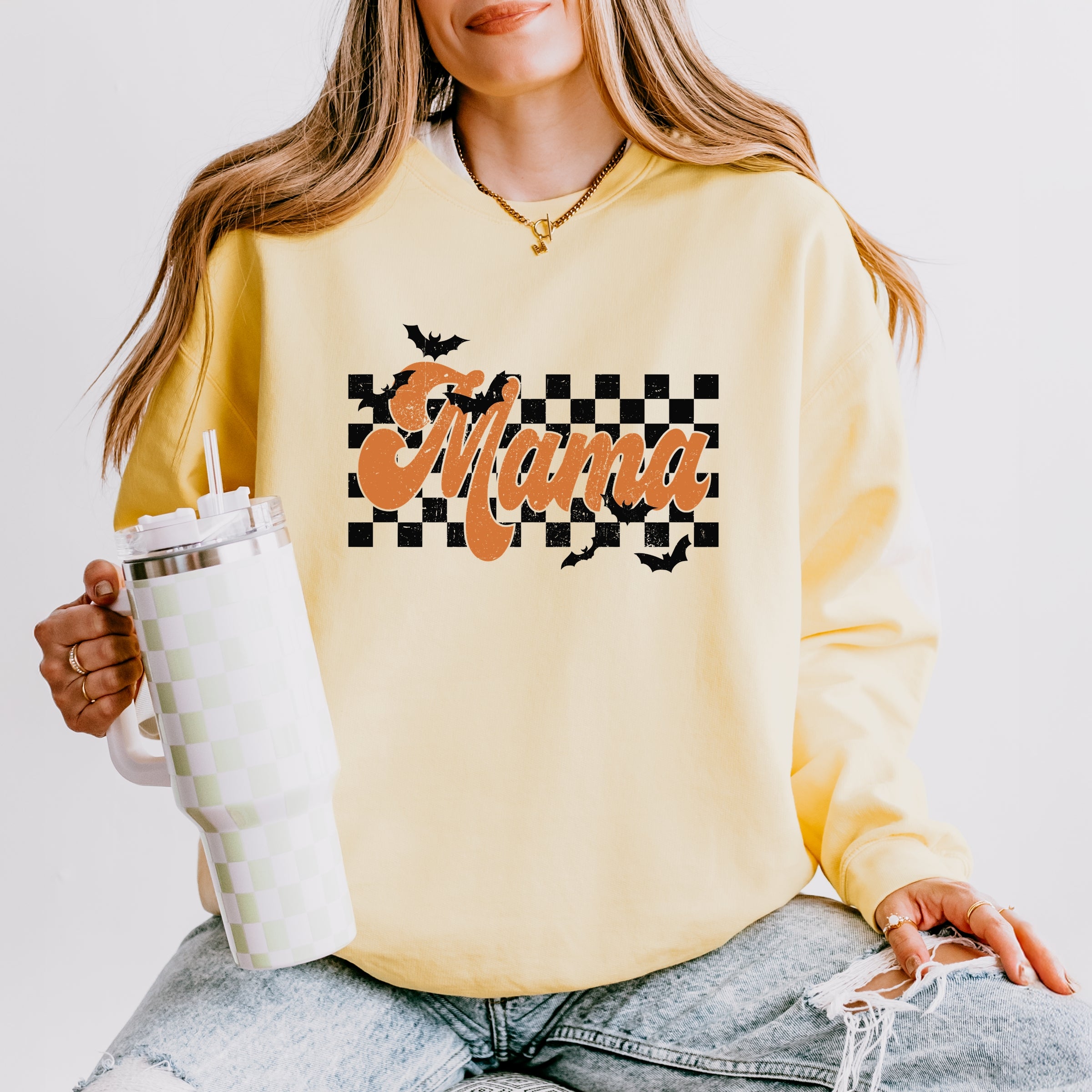 Mama Checkered Bats - Lightweight Garment Dyed Sweatshirt