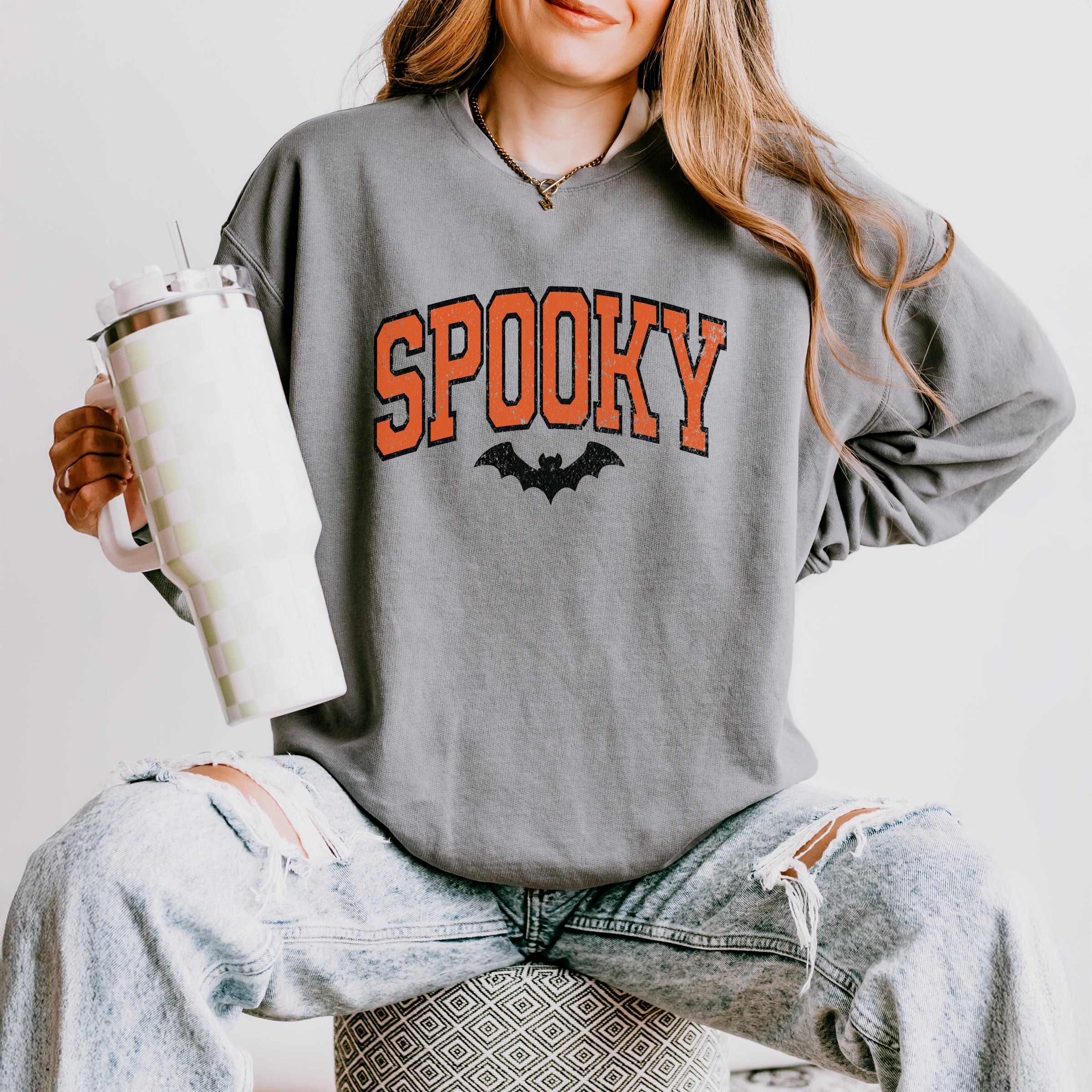 Varsity Spooky Bat Distressed - Lightweight Garment Dyed Sweatshirt