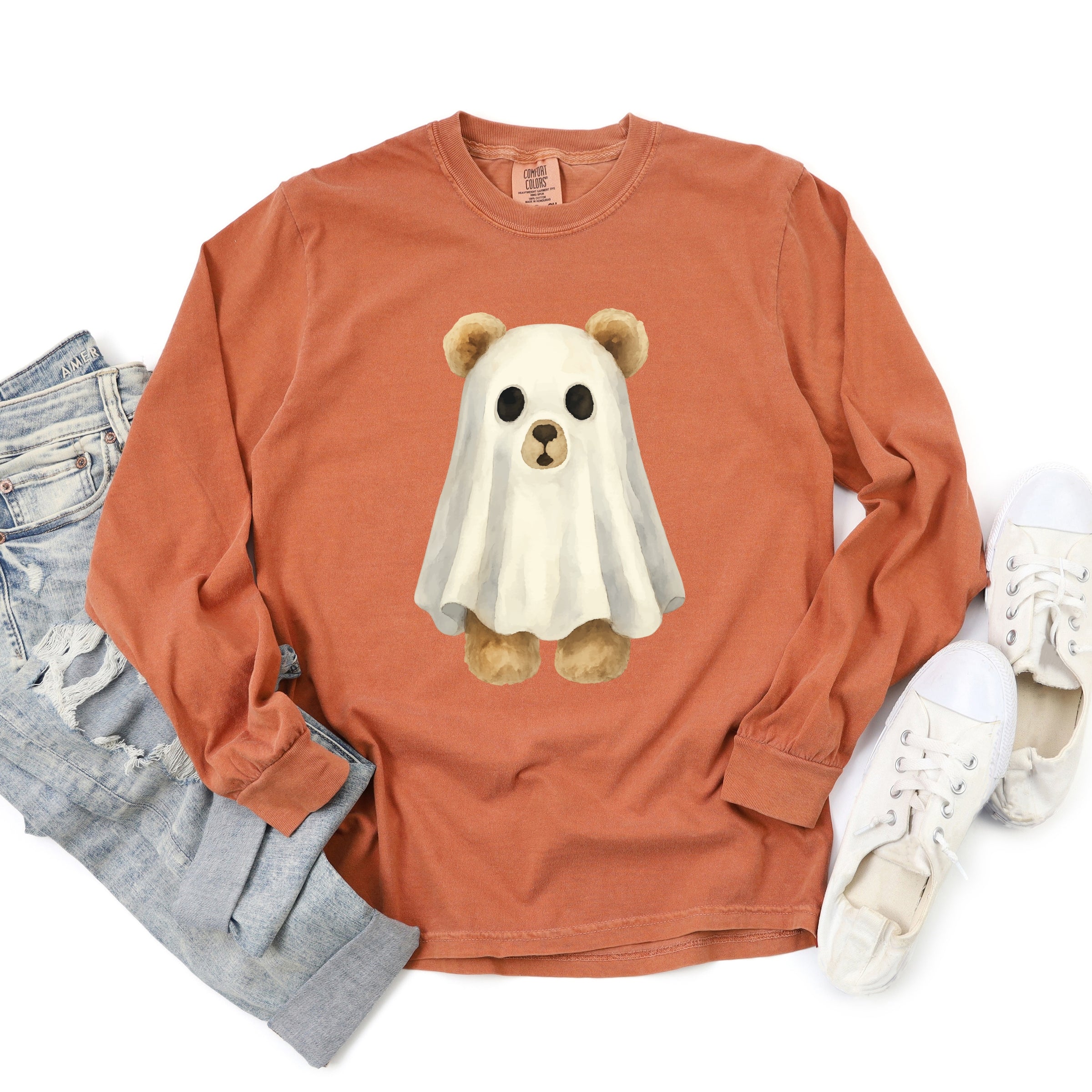 Watercolor Ghost Bear - Womens Garment Dyed Long Sleeve
