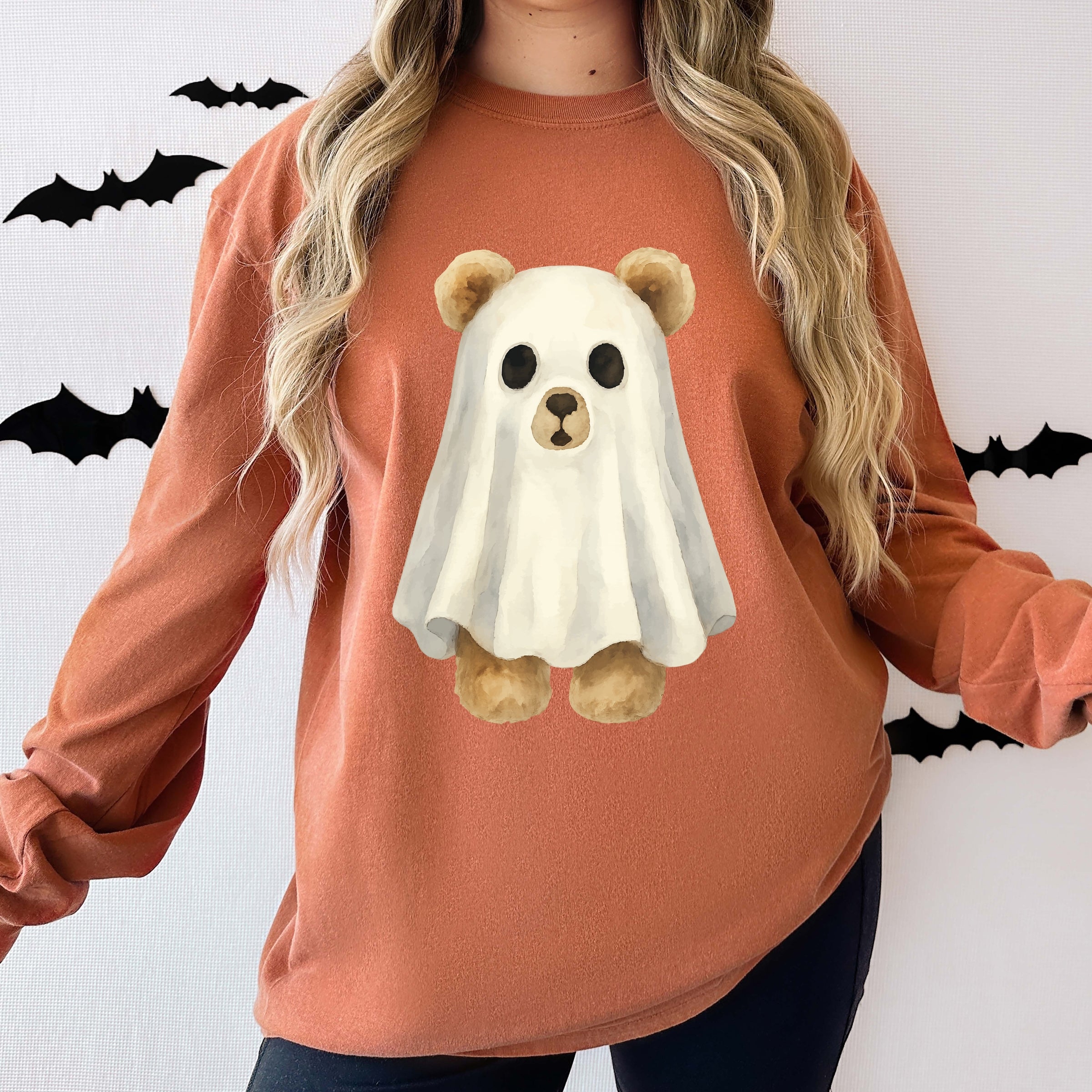 Watercolor Ghost Bear - Womens Garment Dyed Long Sleeve