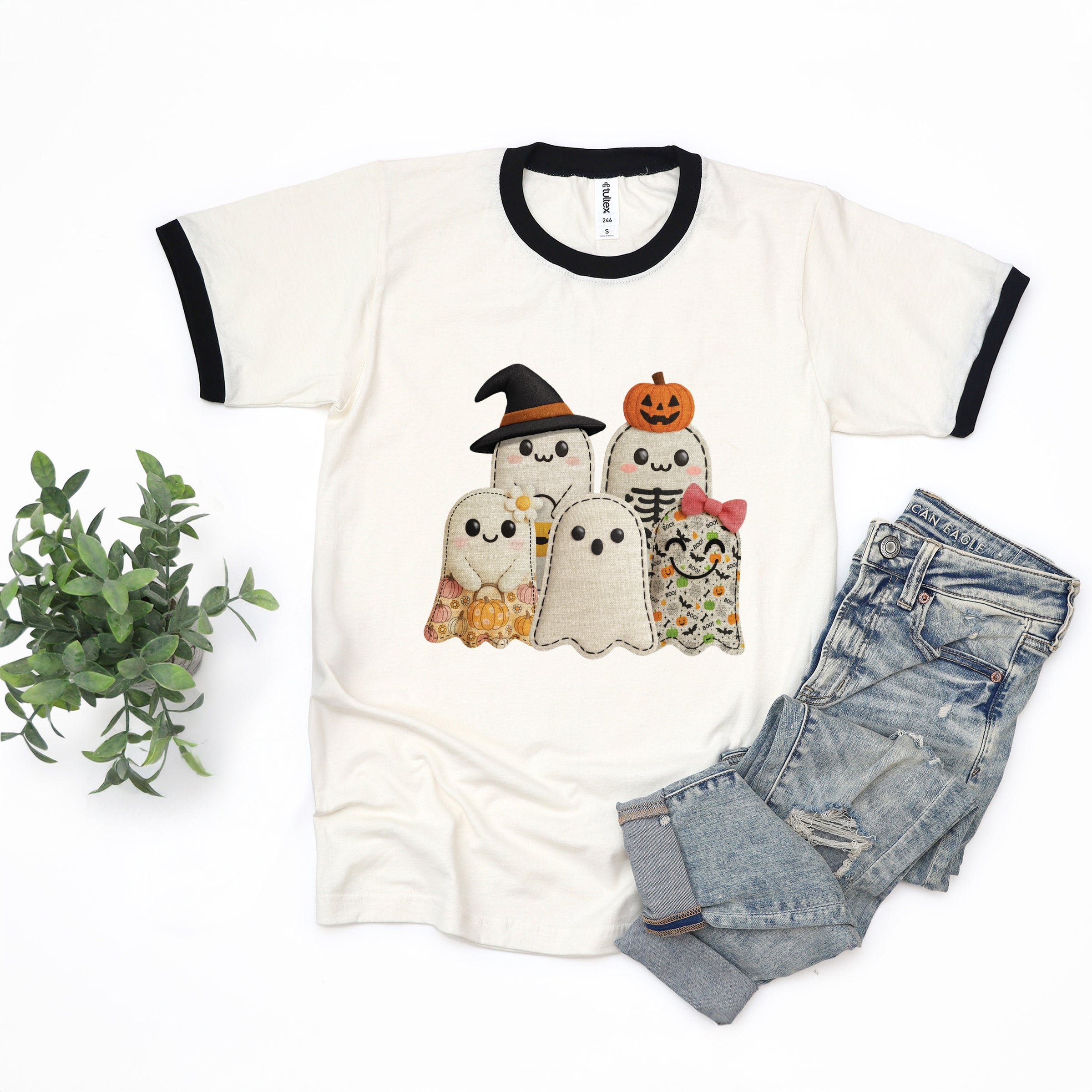 Ghost Family Patchwork Print - Womens Ringer Tee