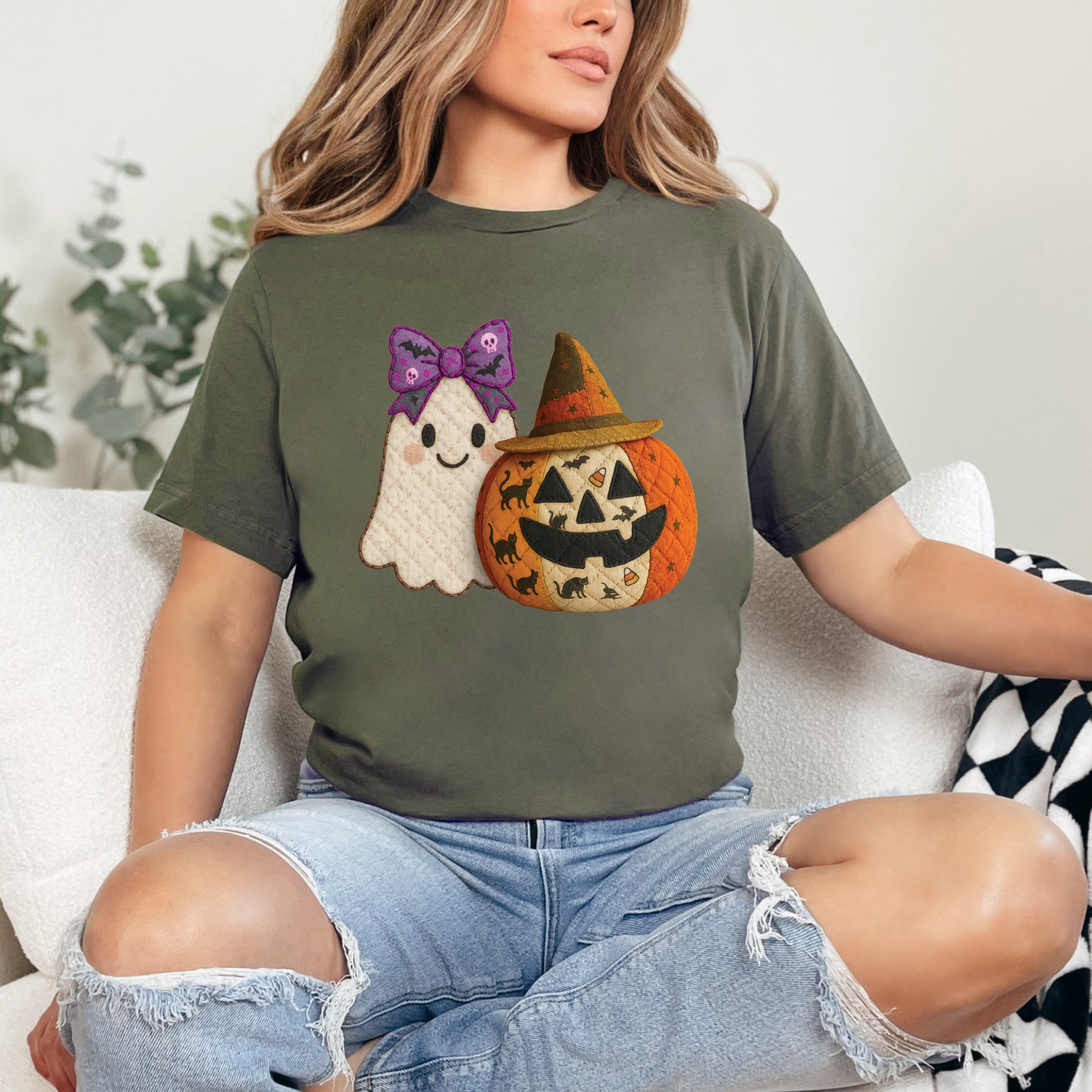 Ghost and Pumpkin Patchwork Print - Womens Short Sleeve Tee