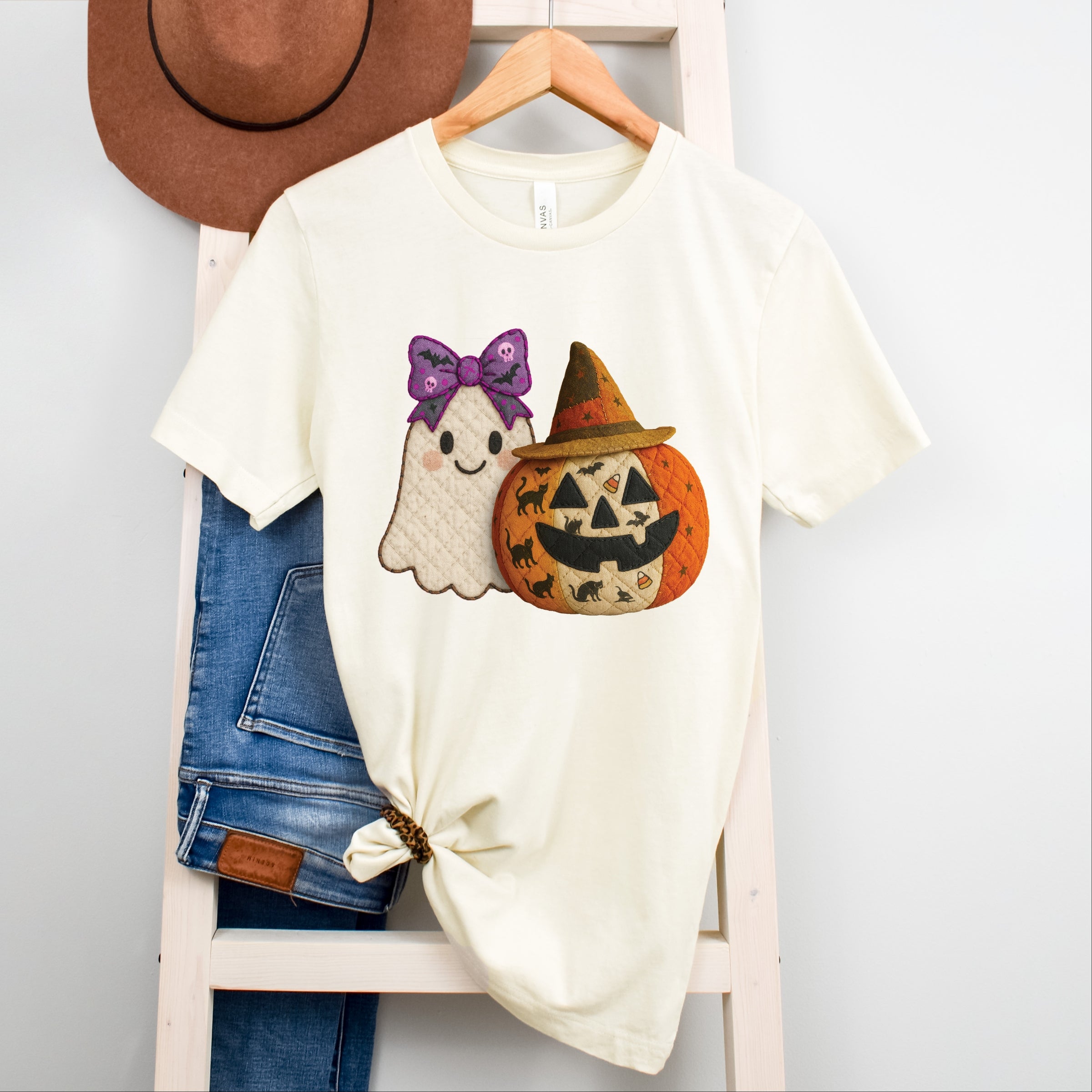 Ghost and Pumpkin Patchwork Print - Womens Short Sleeve Tee