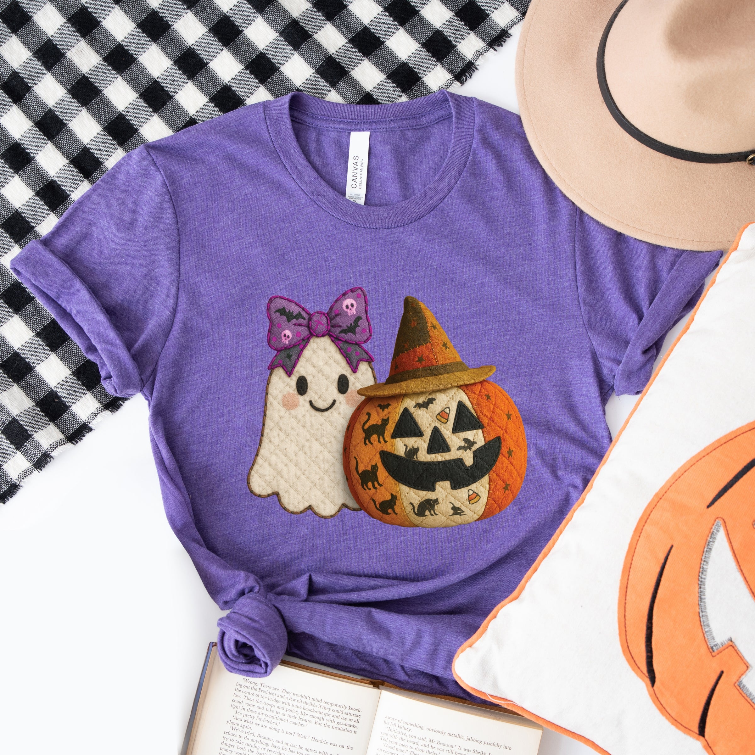 Ghost and Pumpkin Patchwork Print - Womens Short Sleeve Tee