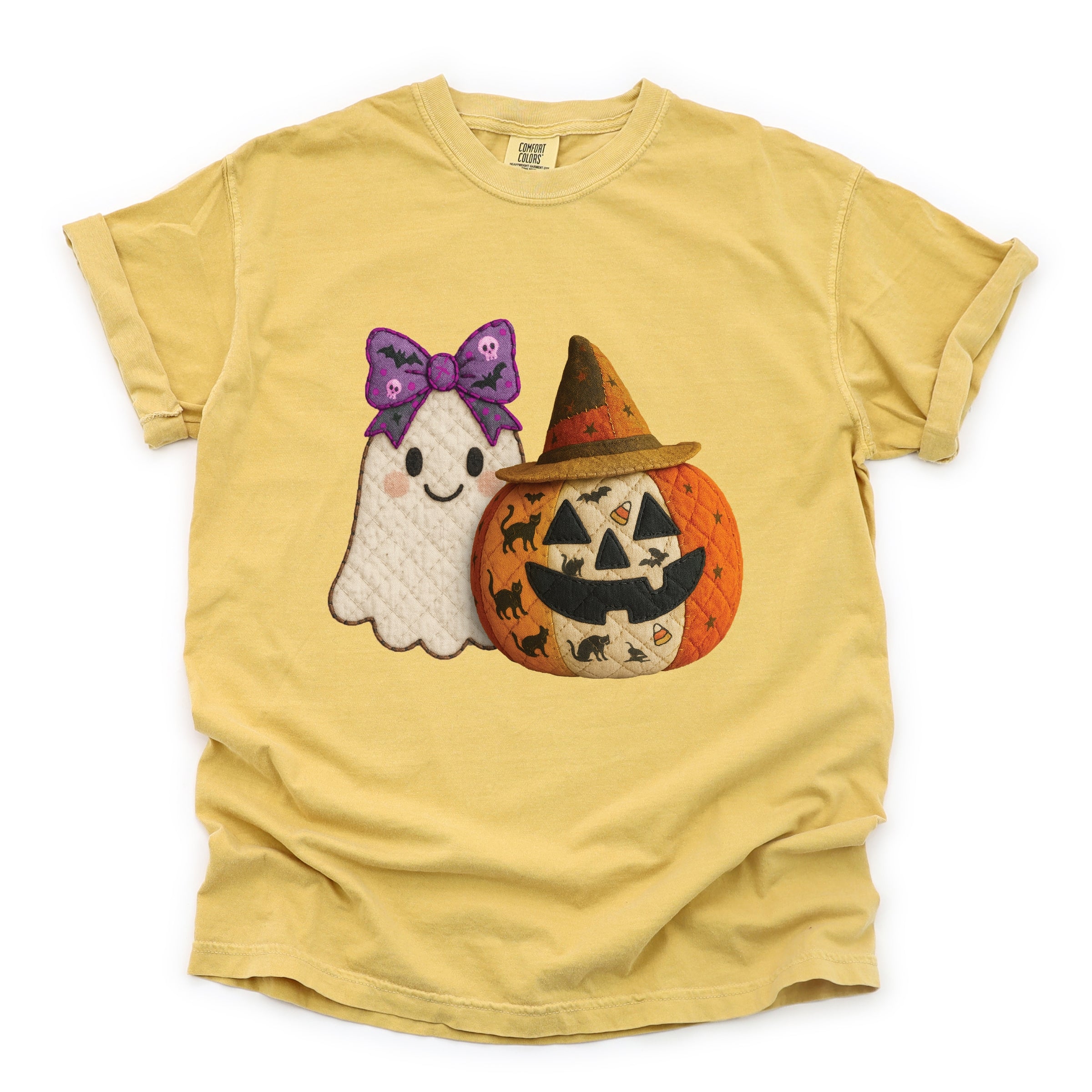 Ghost and Pumpkin Patchwork Print - Women's Garment Dyed Tee