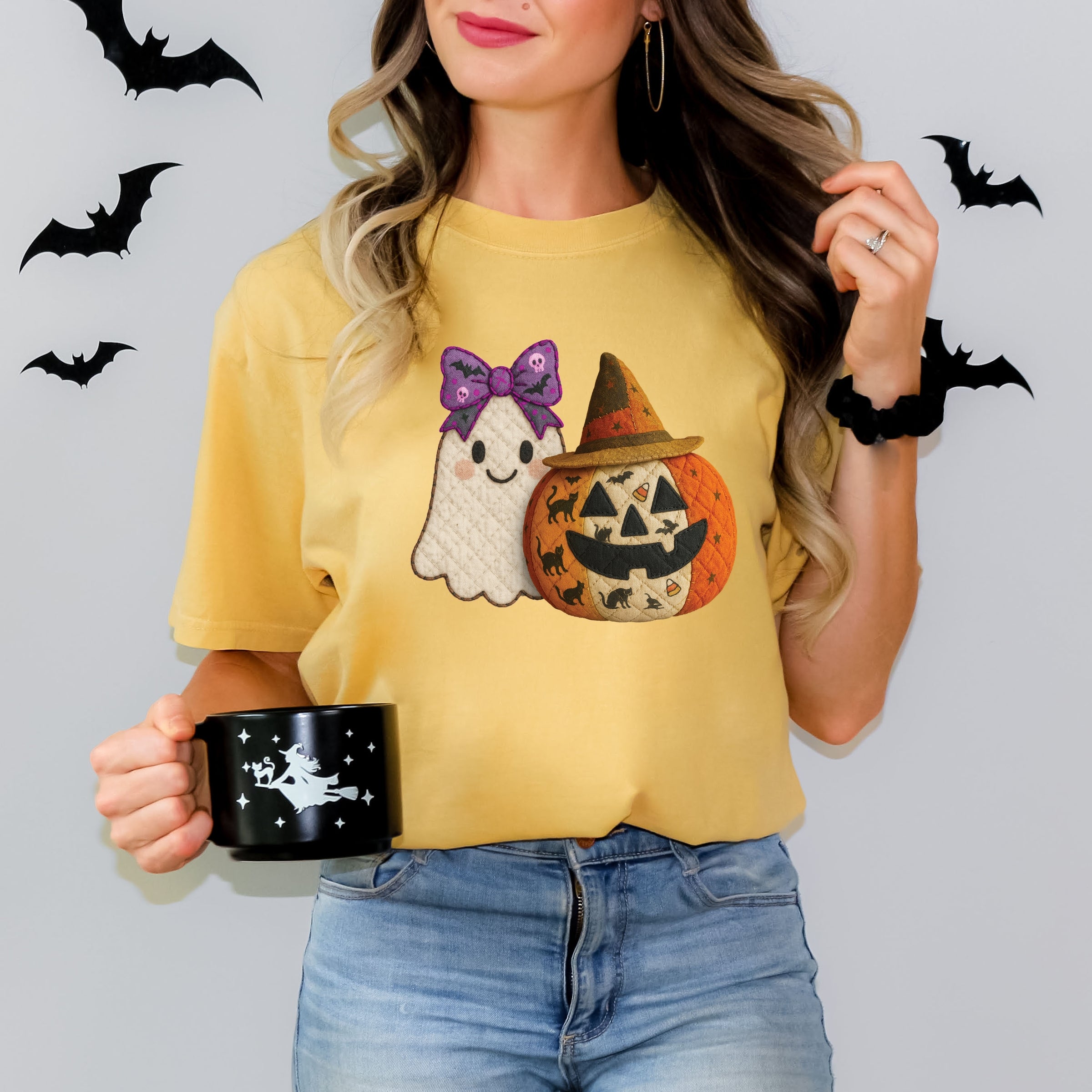 Ghost and Pumpkin Patchwork Print - Womens Garment Dyed Tee