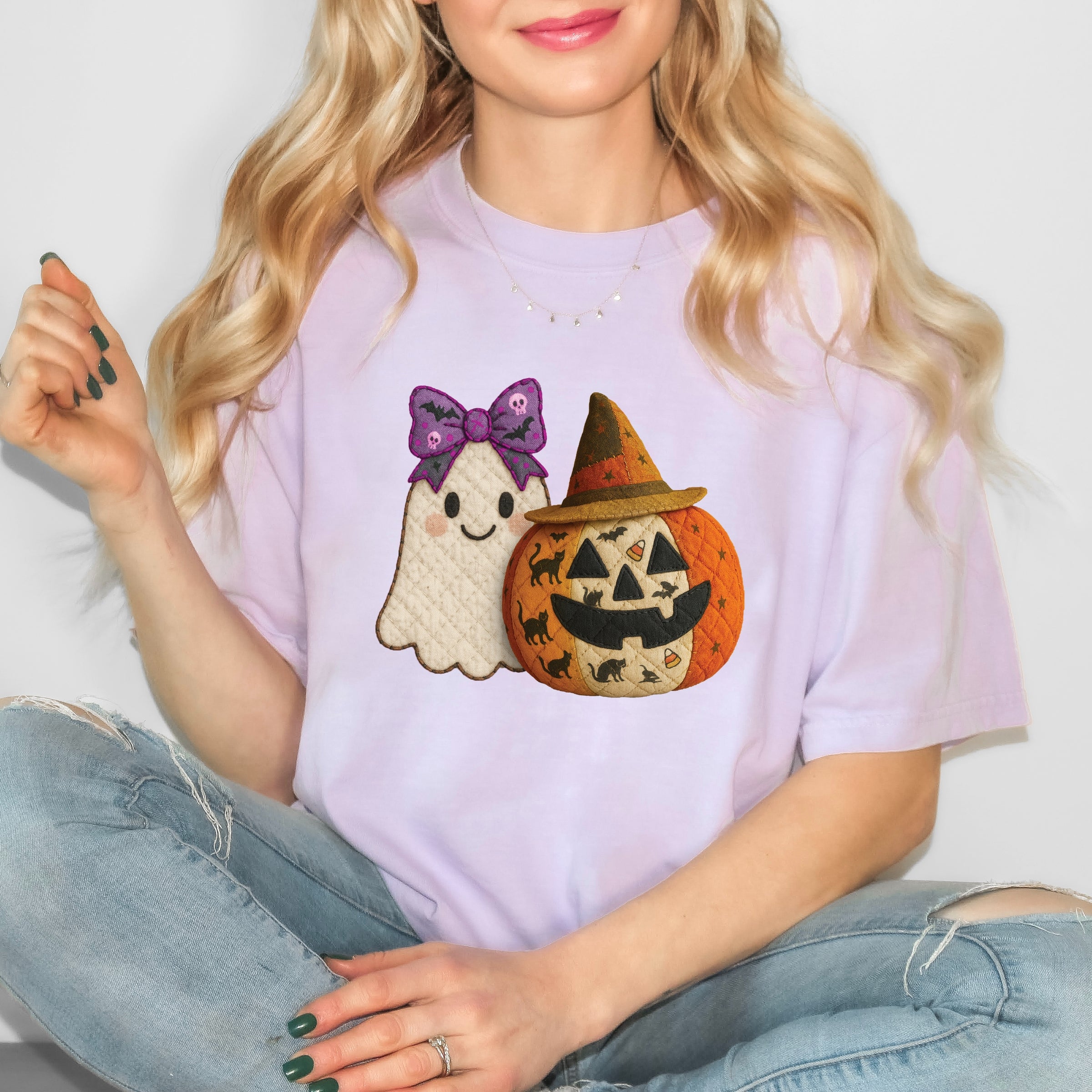 Ghost and Pumpkin Patchwork Print - Women's Garment Dyed Tee