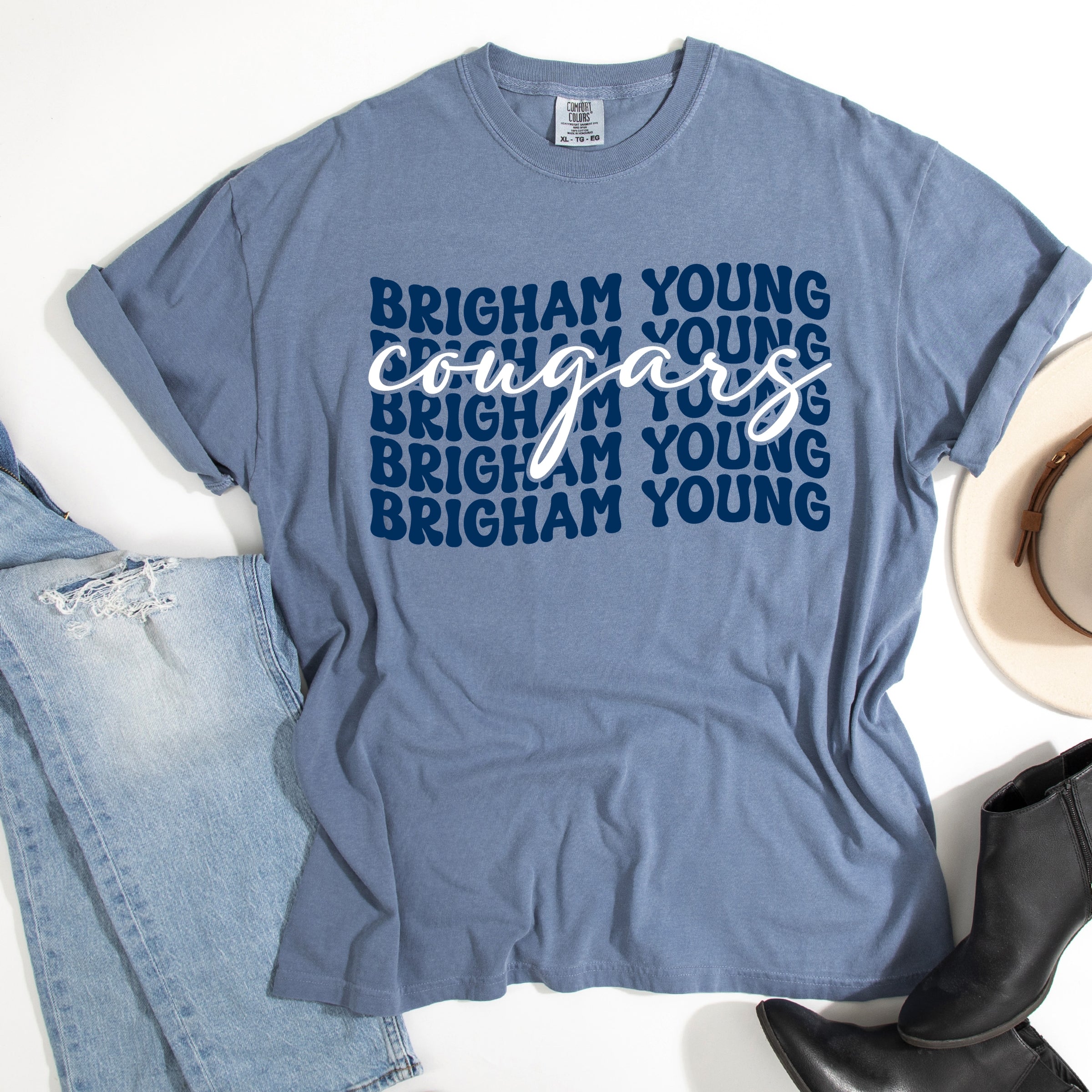 Brigham Young Stacked Cougars - Women's Garment Dyed Graphic T-Shirt