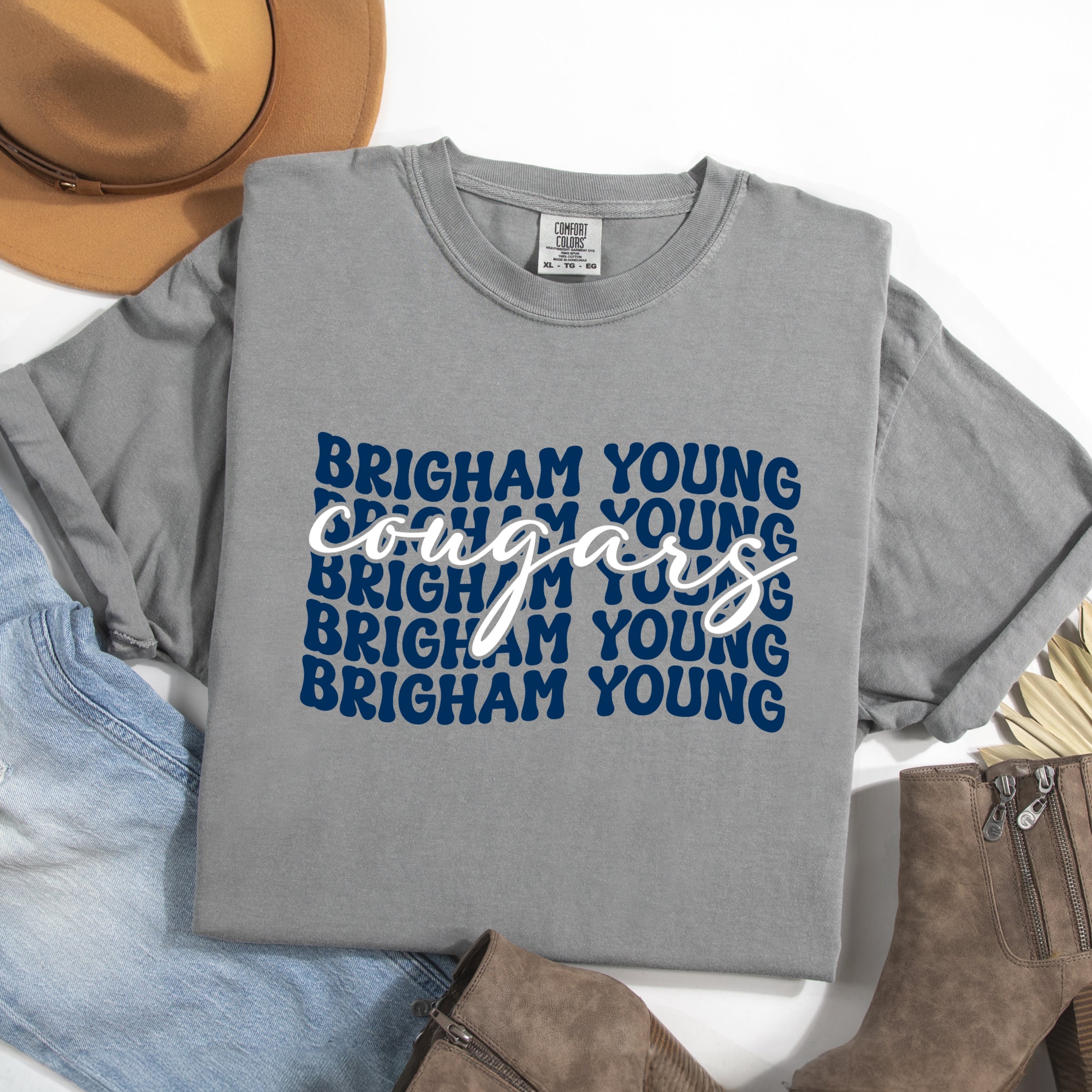Brigham Young Stacked Cougars - Women's Garment Dyed Graphic T-Shirt