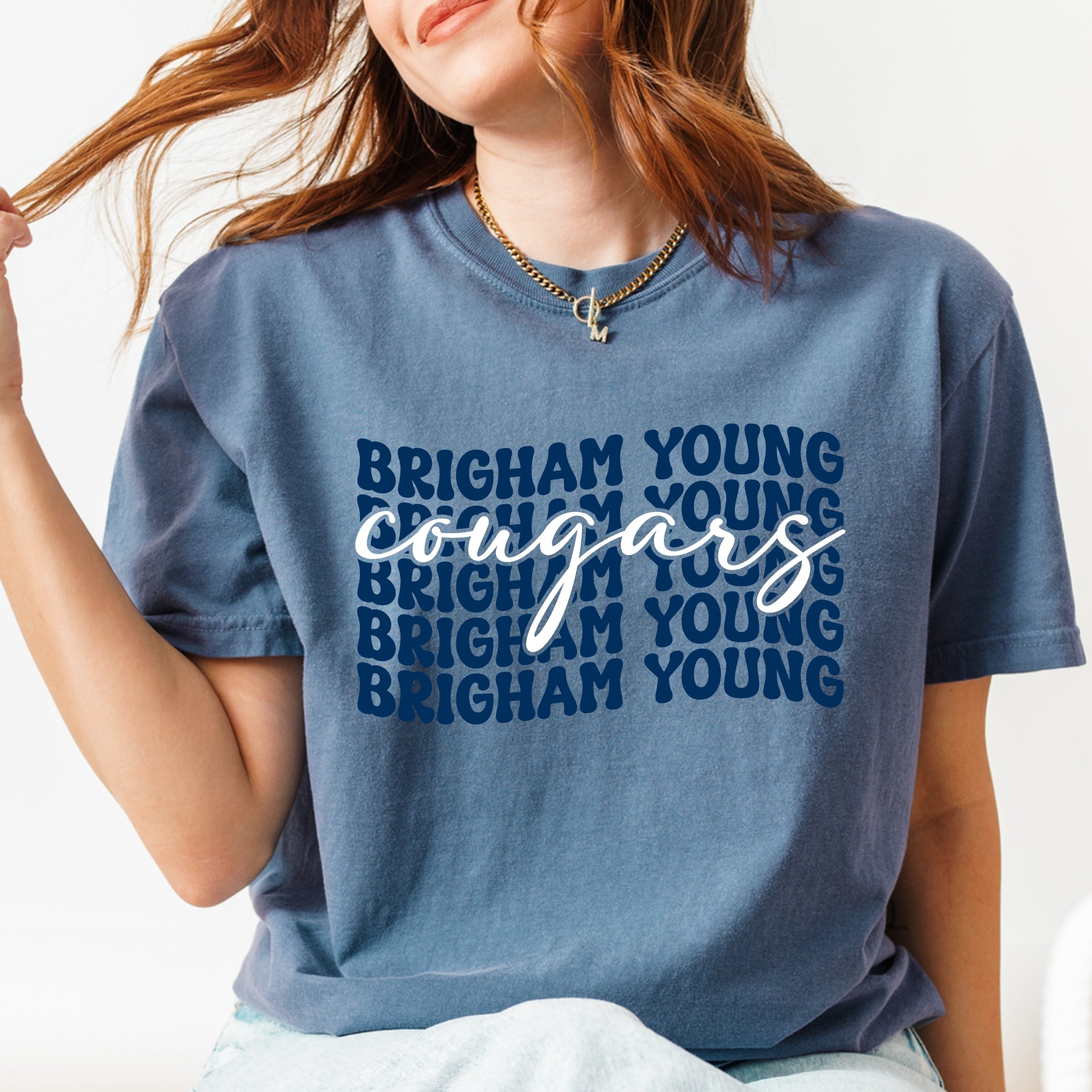 Brigham Young Stacked Cougars - Women's Garment Dyed Graphic T-Shirt