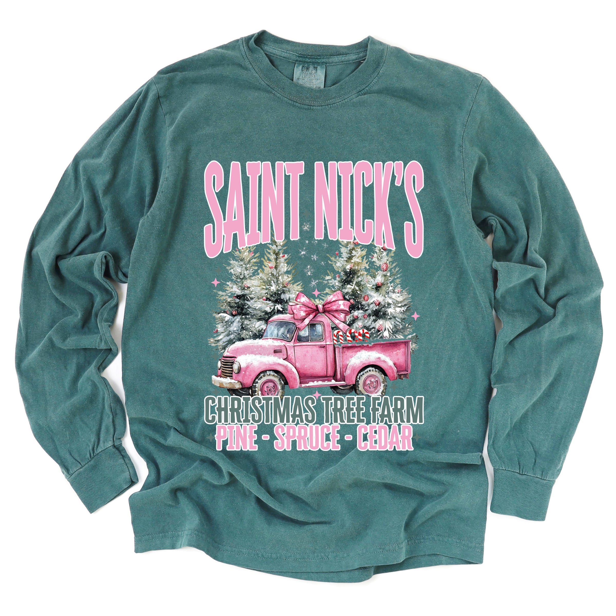 Saint Nick's Farm Truck - Women's Garment Dyed Long Sleeve Graphic T-Shirt