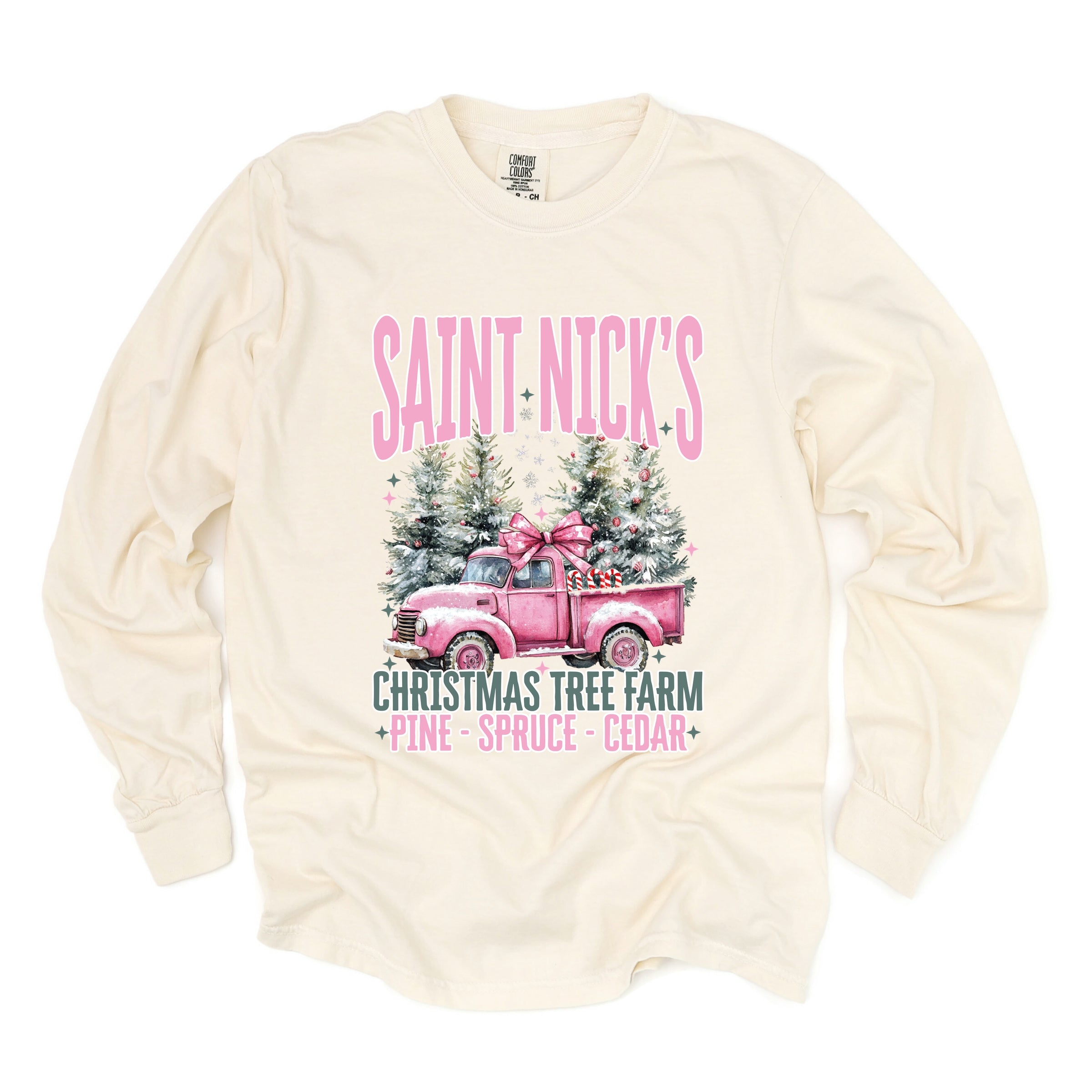 Saint Nick's Farm Truck - Women's Garment Dyed Long Sleeve Graphic T-Shirt