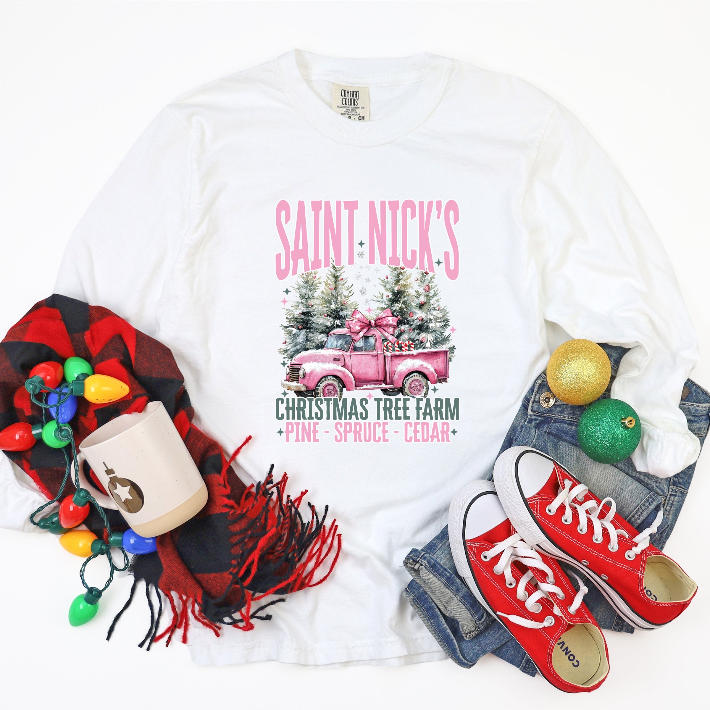 Saint Nick's Farm Truck - Women's Garment Dyed Long Sleeve Graphic T-Shirt