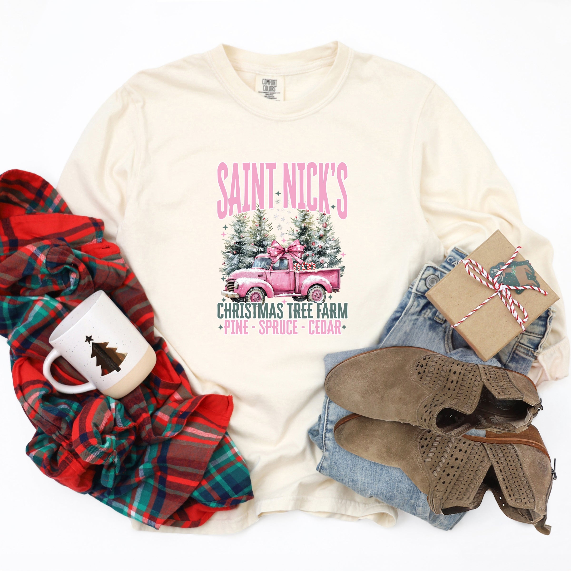 Saint Nick's Farm Truck - Women's Garment Dyed Long Sleeve Graphic T-Shirt