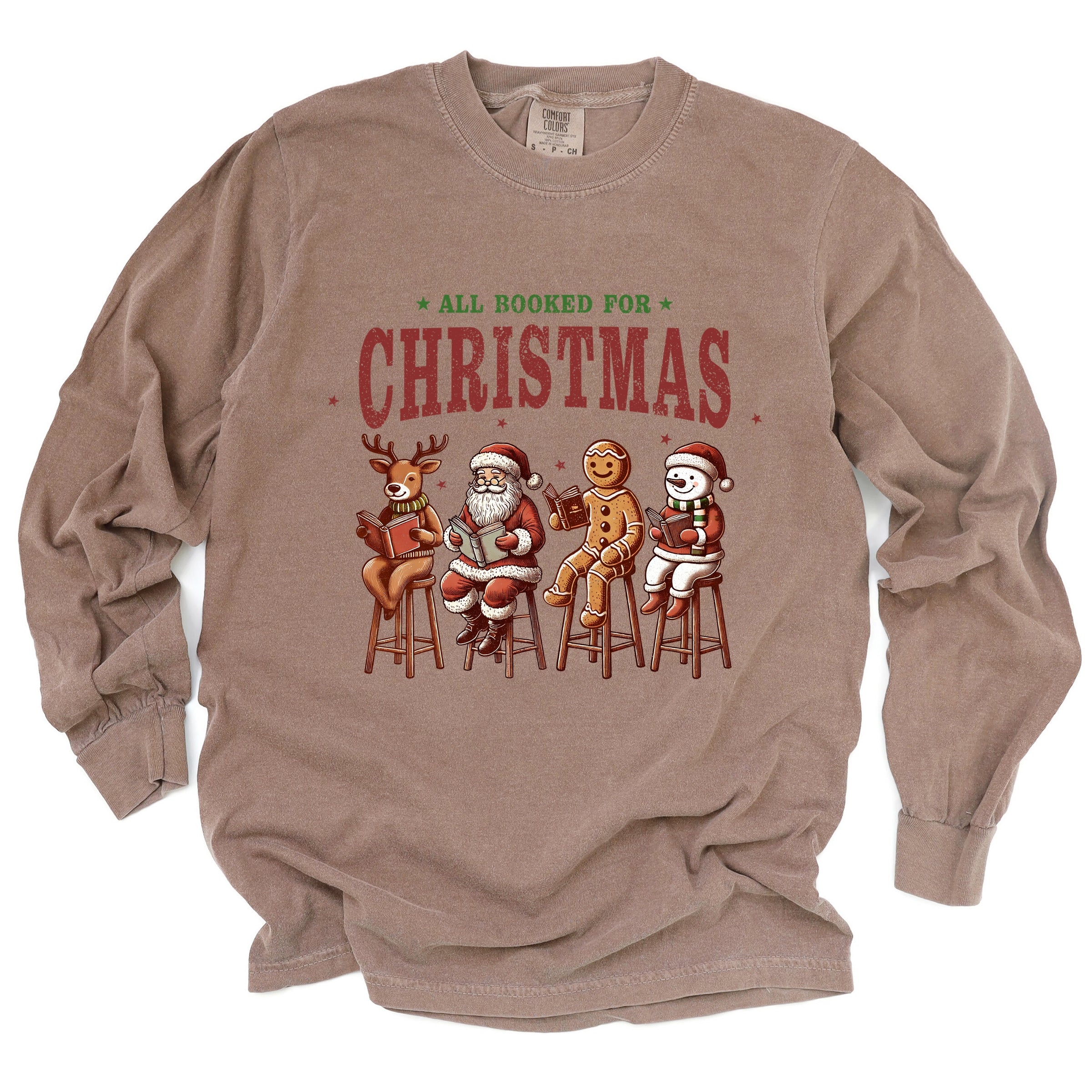 Booked For Christmas Stool - Women's Garment Dyed Long Sleeve Graphic T-Shirt