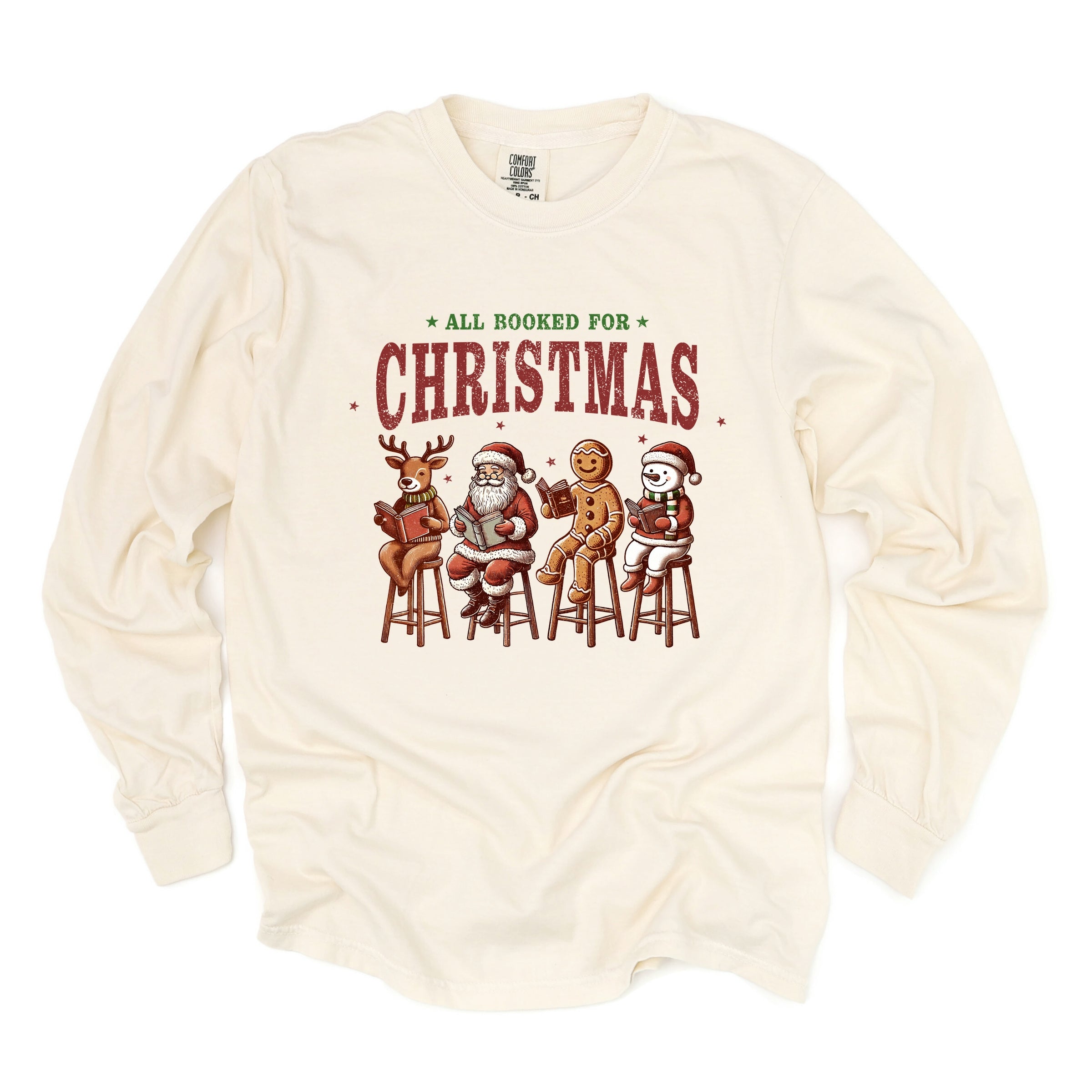 Booked For Christmas Stool - Women's Garment Dyed Long Sleeve Graphic T-Shirt