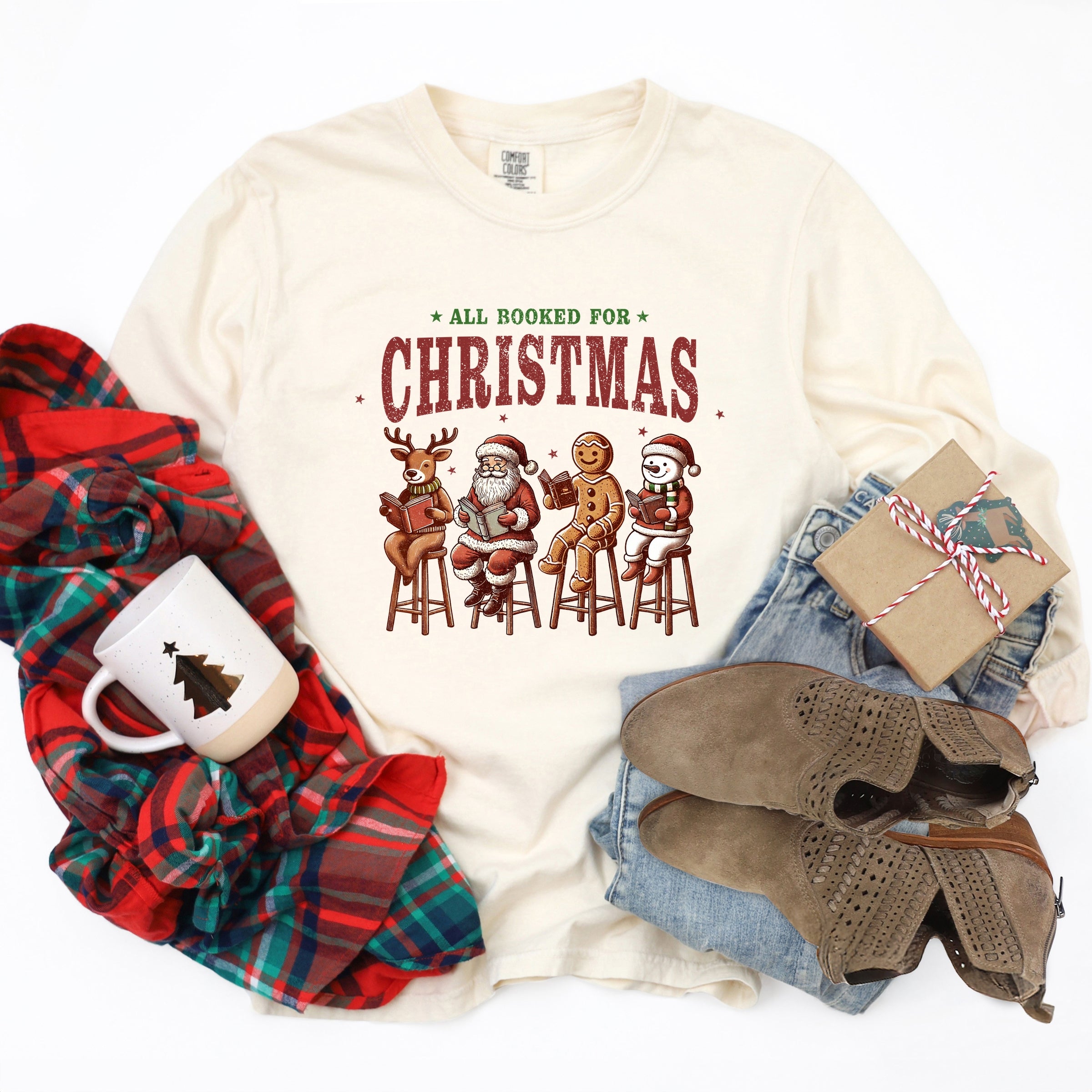 Booked For Christmas Stool - Women's Garment Dyed Long Sleeve Graphic T-Shirt